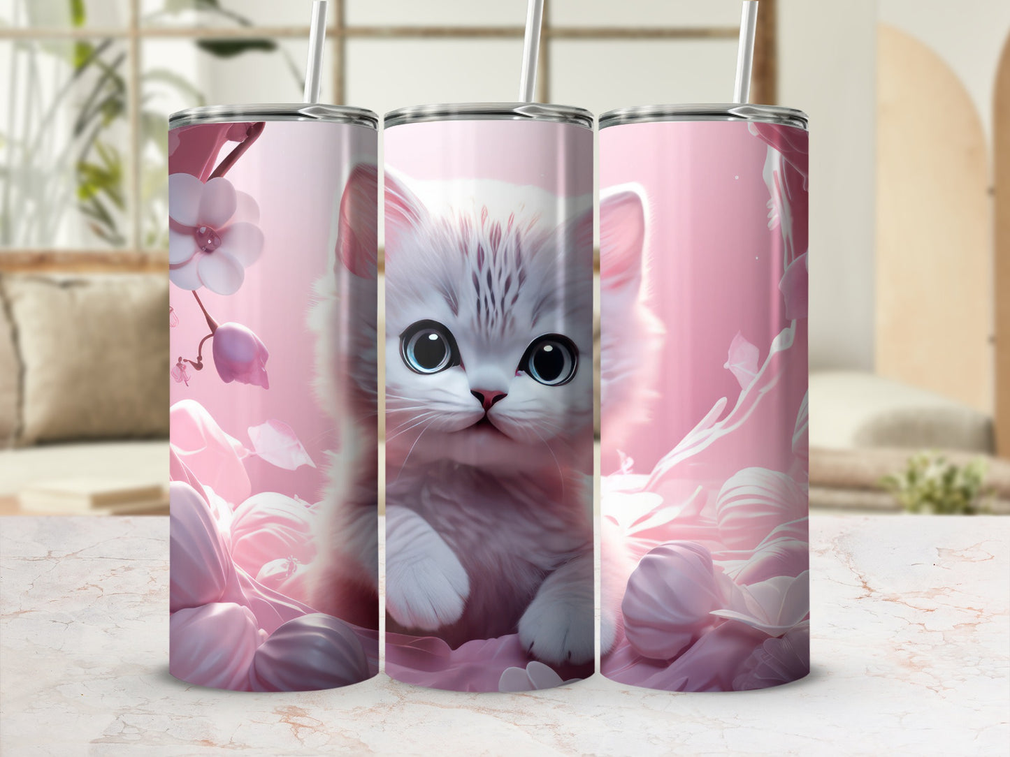 White kitten with large blue eyes nestled in pink flowers.