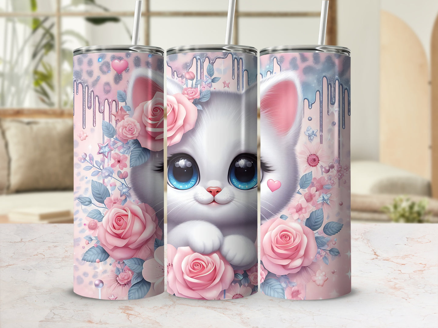 White kitten with pink roses and leopard print pattern on a tumbler.