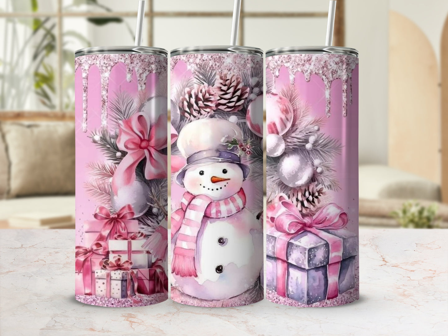 Festive Snowman and Gift Boxes on Pink Tumbler