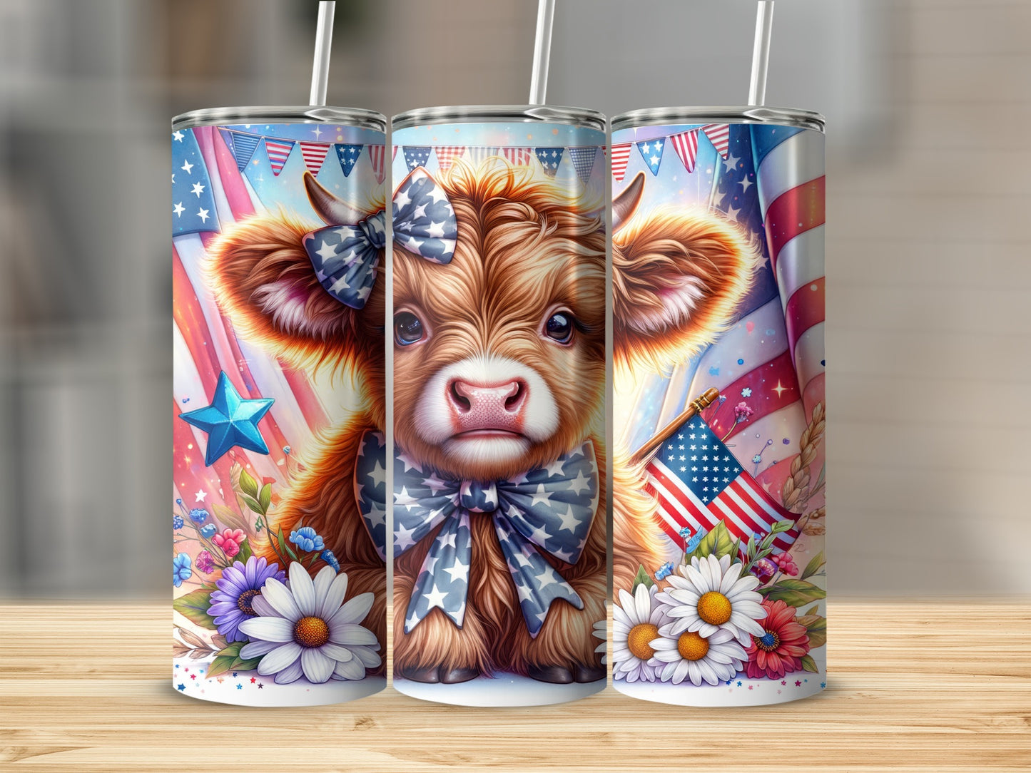 Cow with patriotic bow and flowers on tumbler wraps.