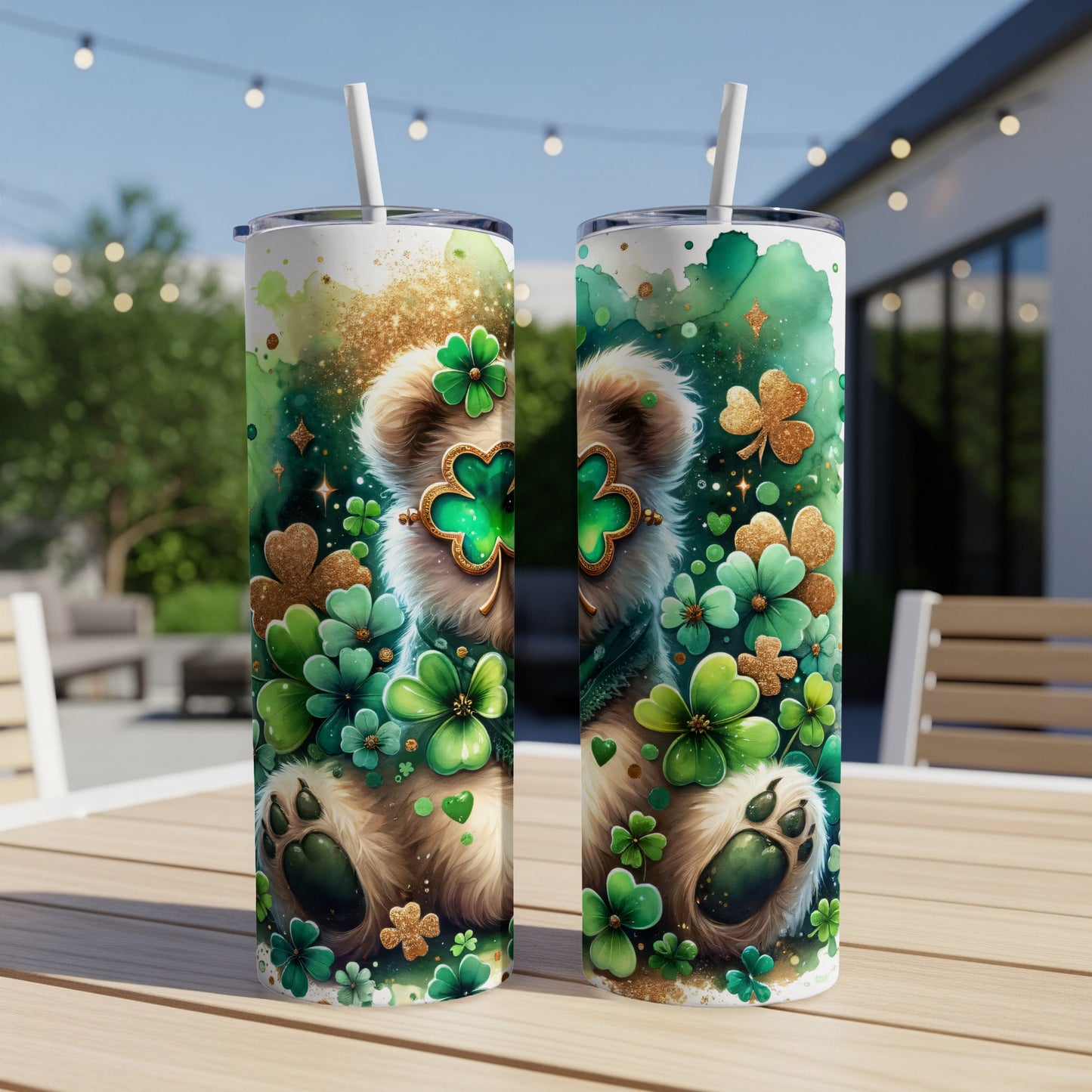 Two Saint Patrick's Day themed tumblers with a bear and shamrocks.