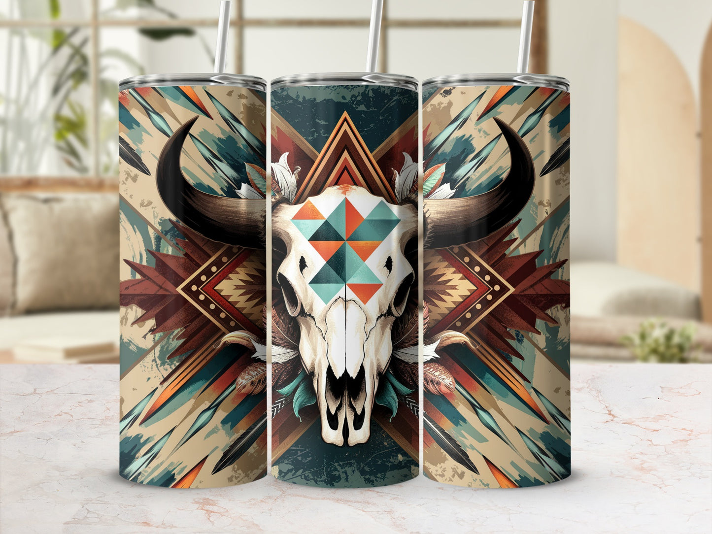 Three tumblers featuring a Native American inspired bull skull and geometric pattern.