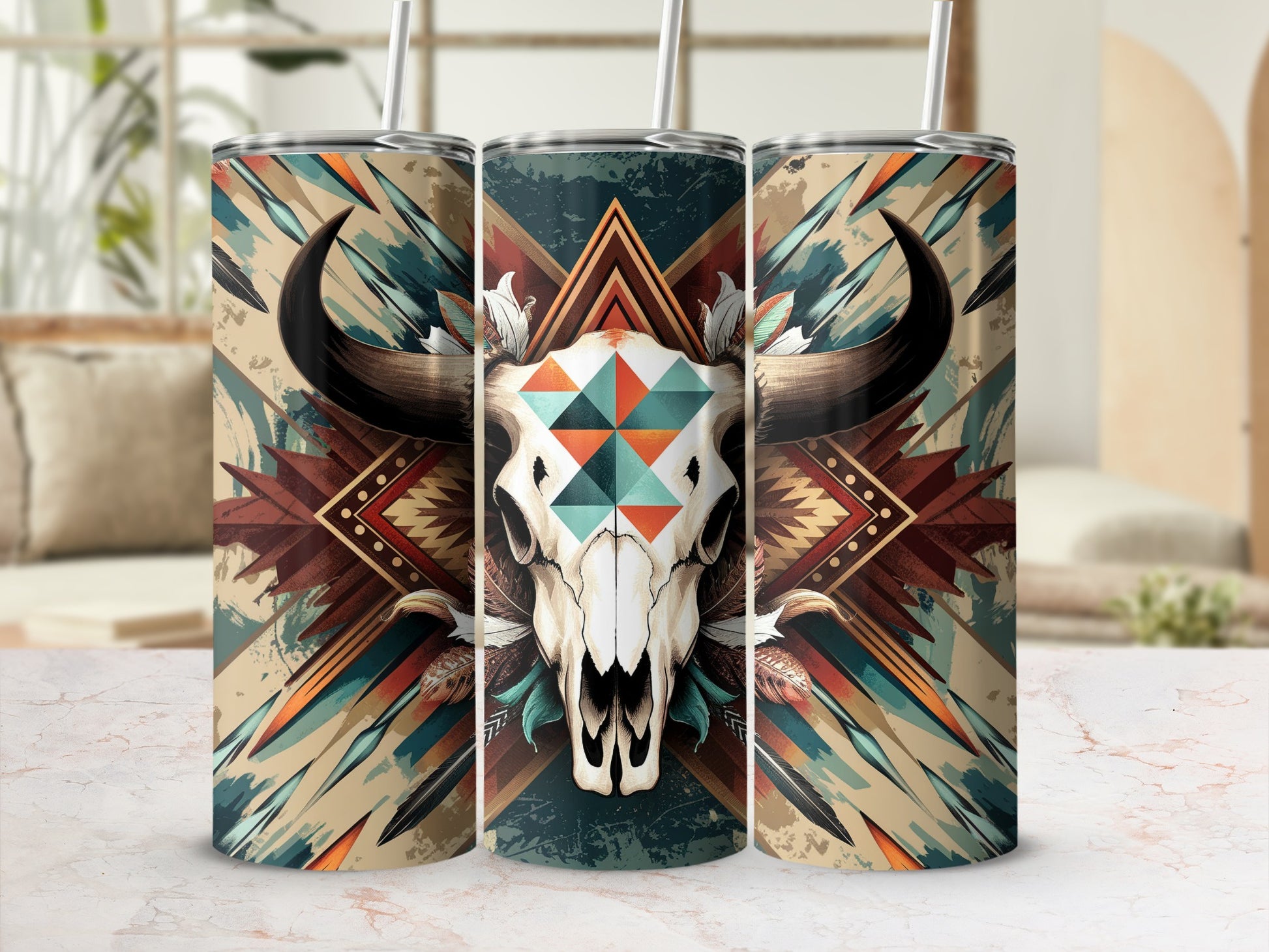 Three tumblers featuring a Native American inspired bull skull and geometric pattern.