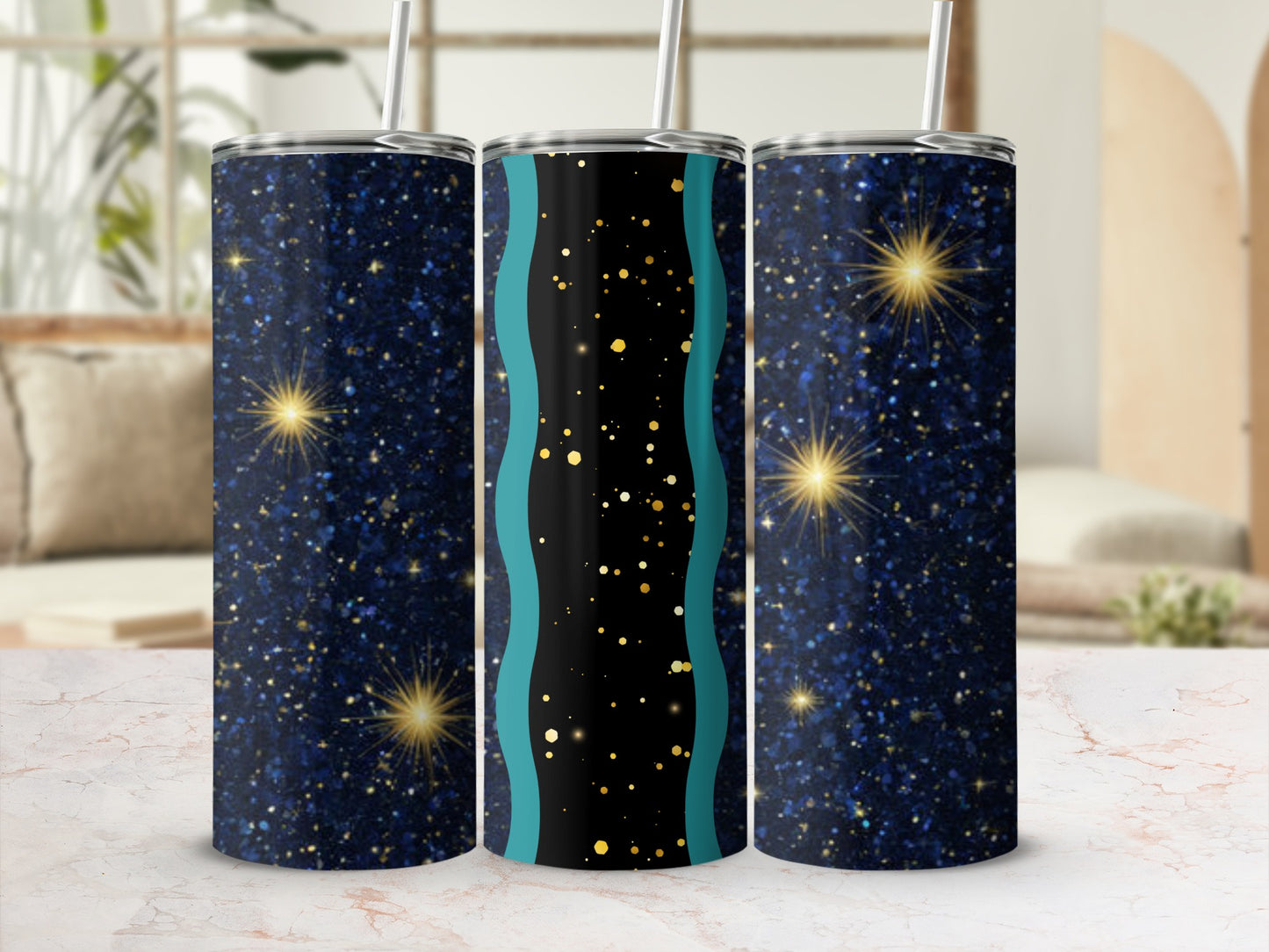 Dark blue tumbler with gold stars and teal accents.