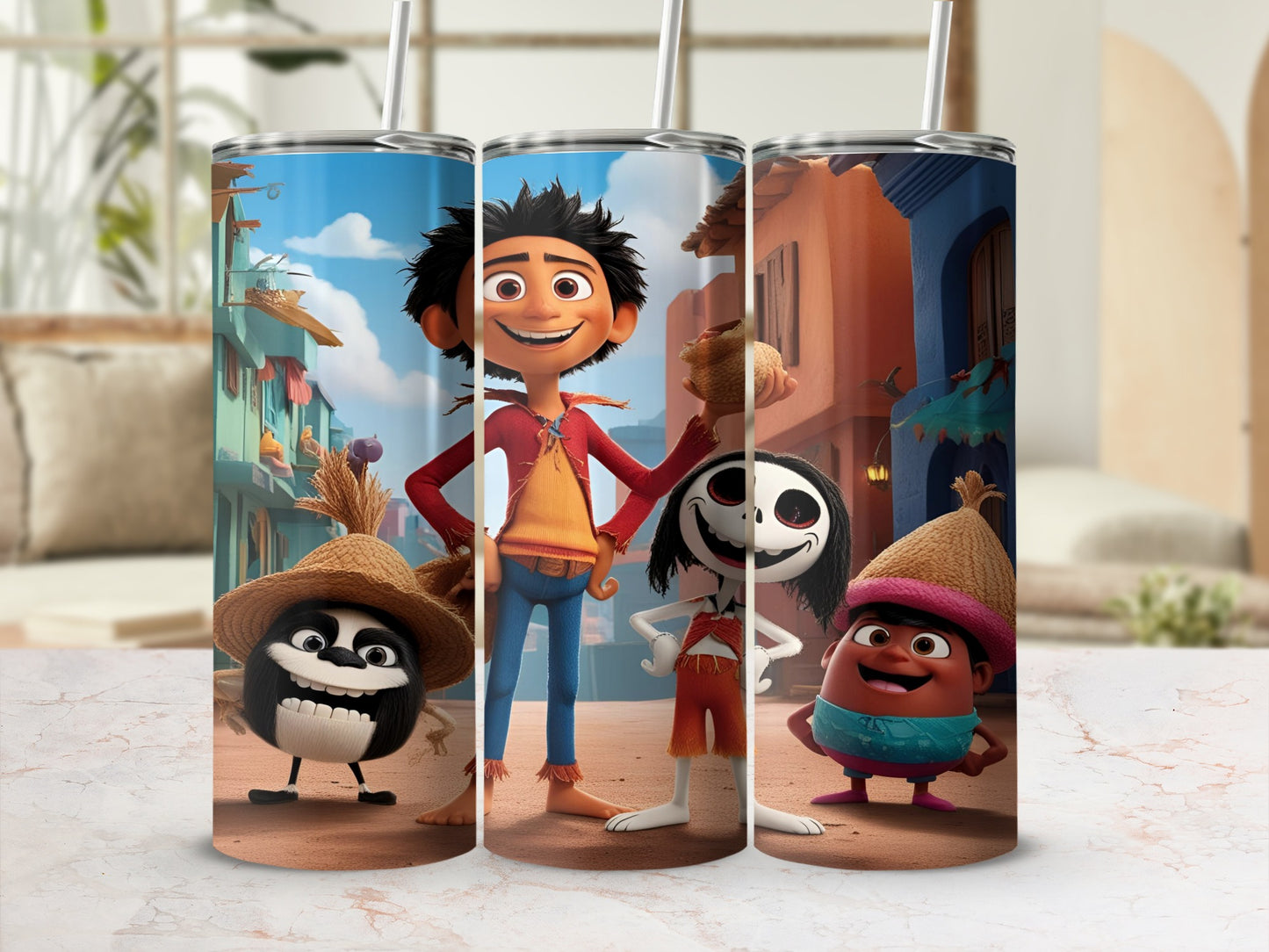 Three characters from the movie Vivo on tumblers against a blurred background.