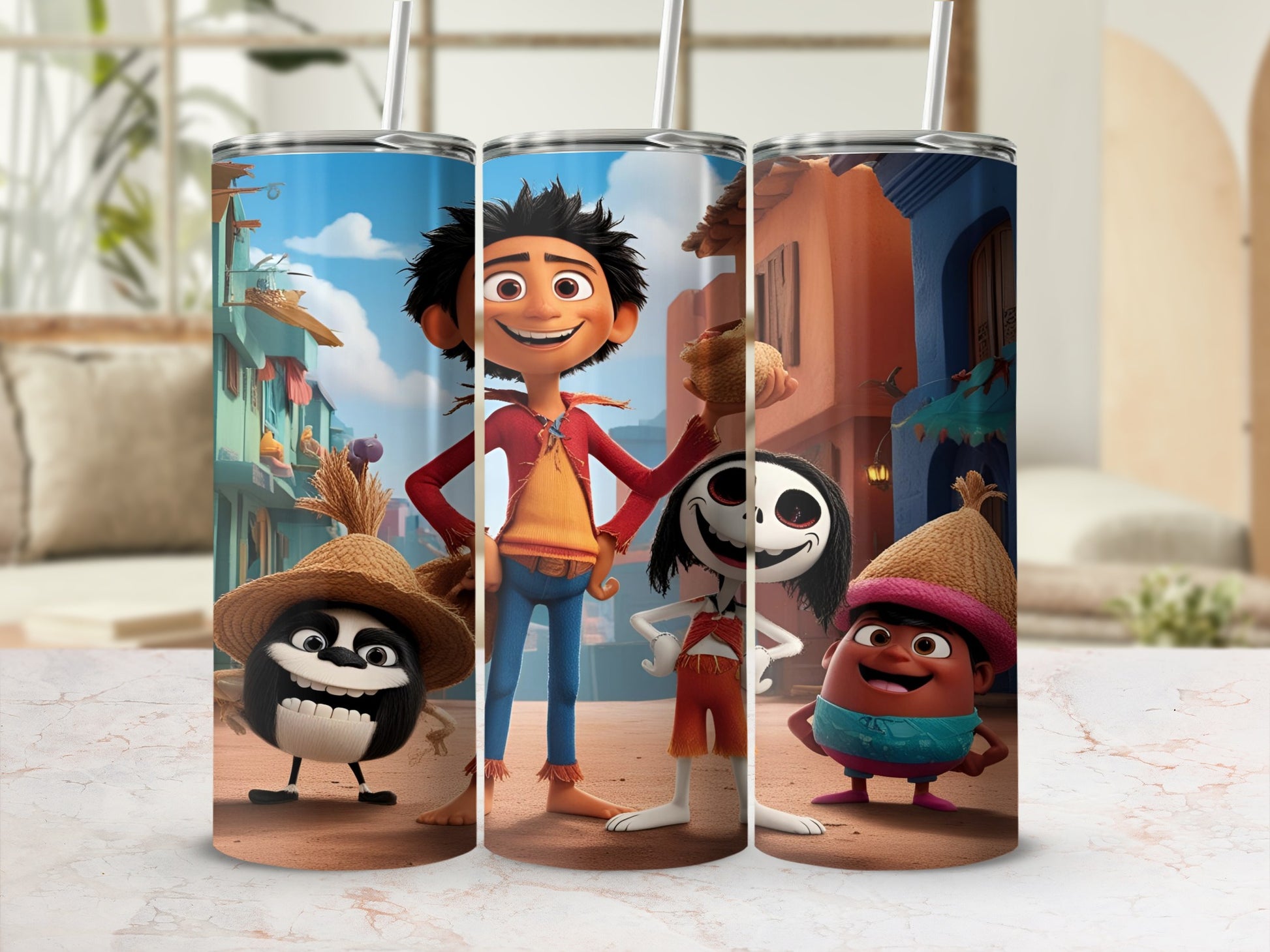 Three characters from the movie Vivo on tumblers against a blurred background.