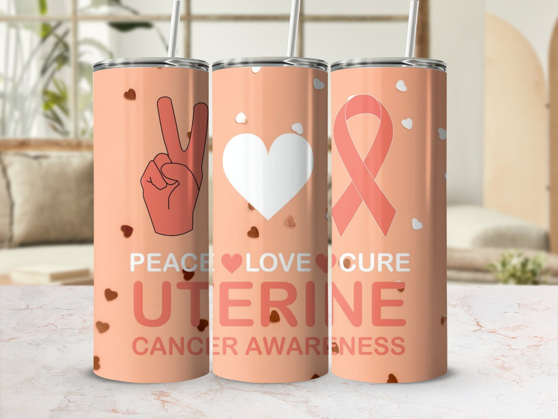 Peace Love Cure Uterine Cancer Awareness Tumbler