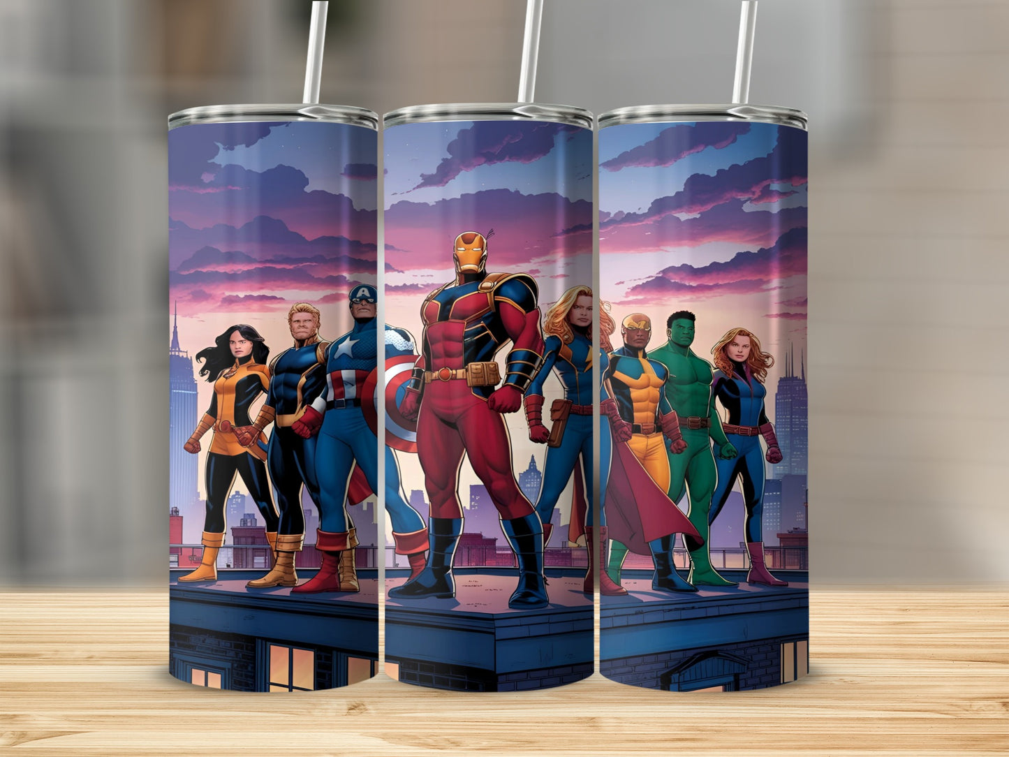 Marvel superheroes standing on a city rooftop at dusk.