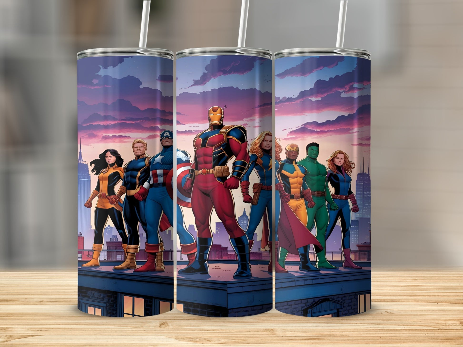 Marvel superheroes standing on a city rooftop at dusk.