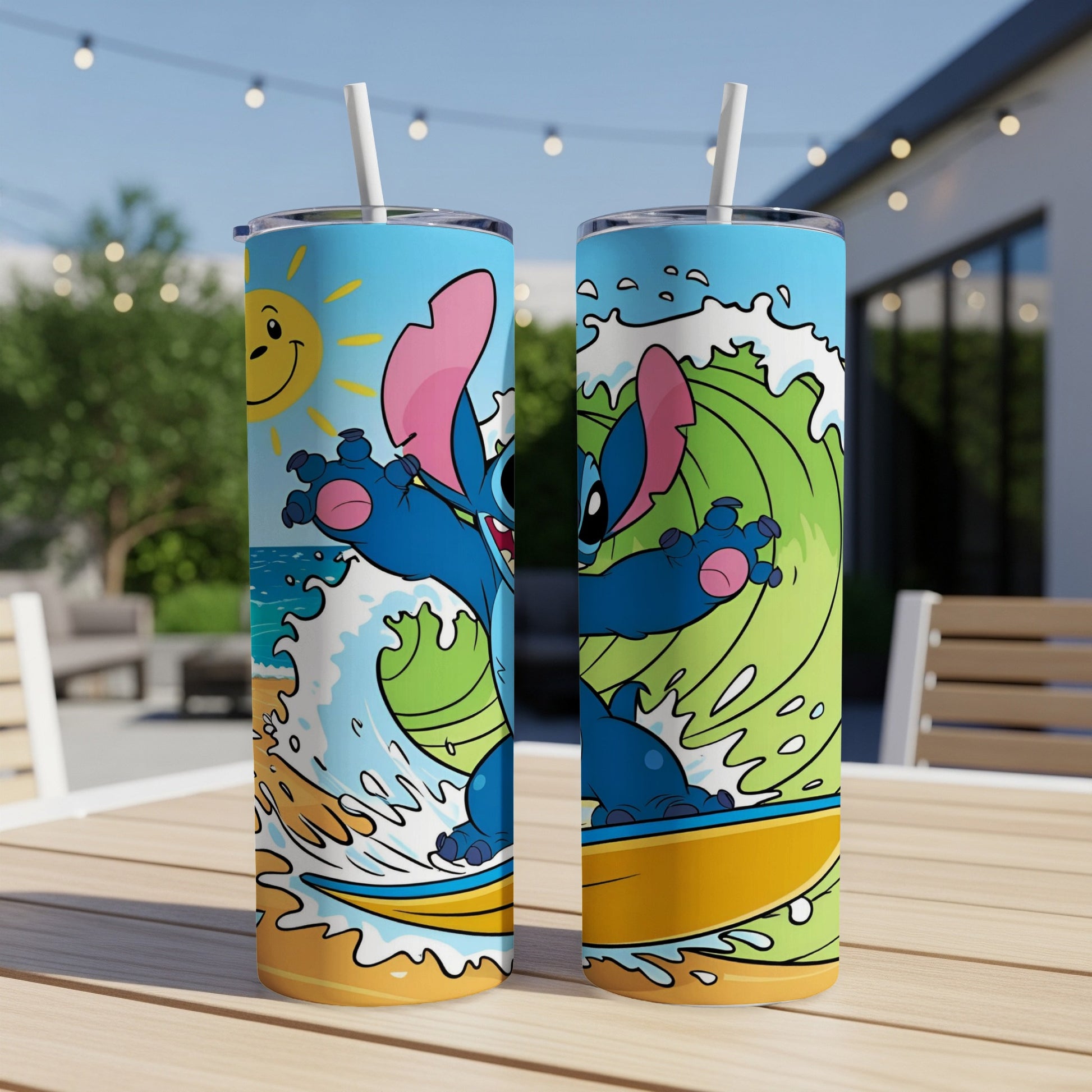 Stitch surfing on a wave on a blue tumbler.