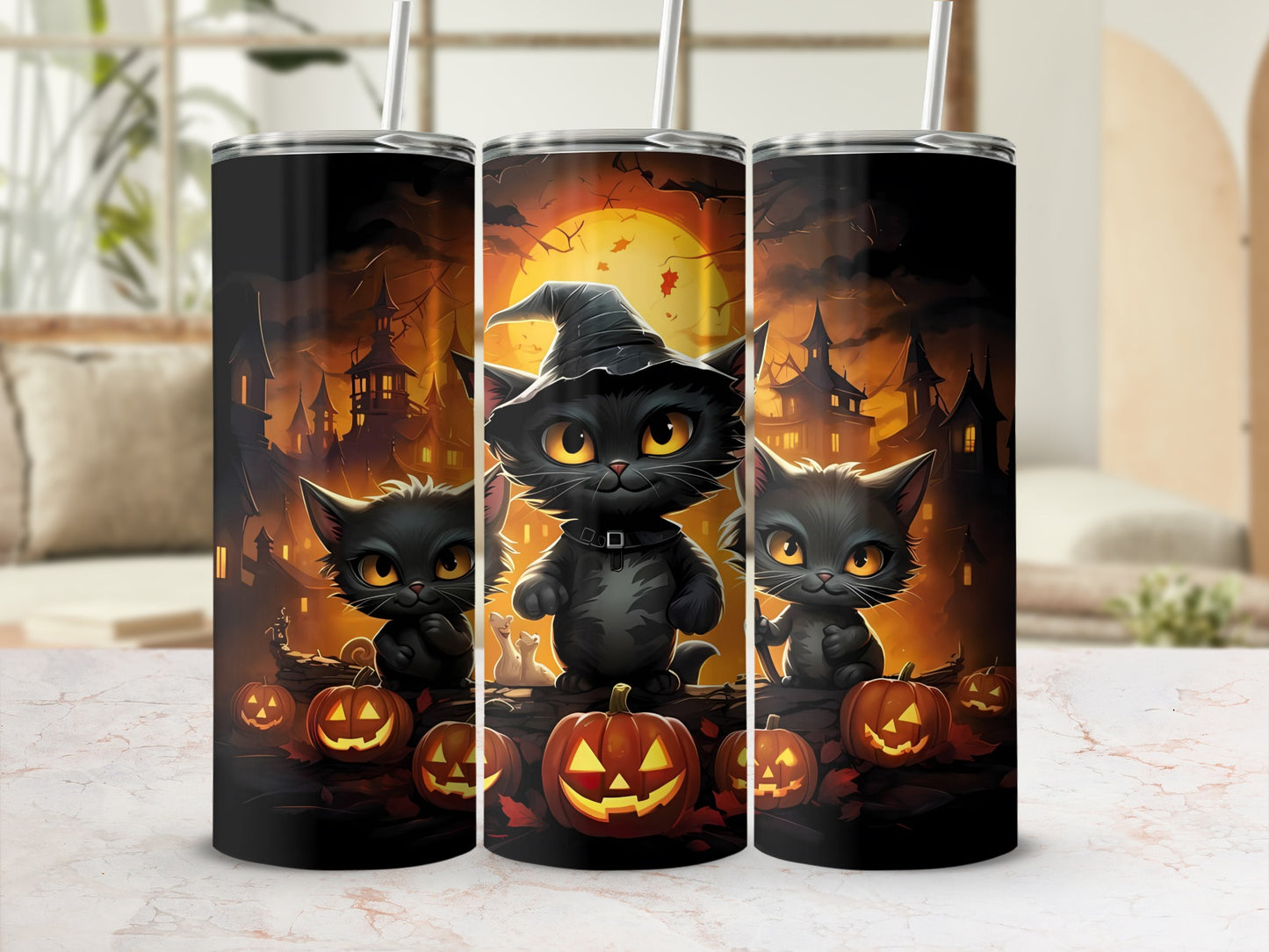 Three tumblers featuring cartoon black cats, pumpkins, and haunted houses under a full moon.