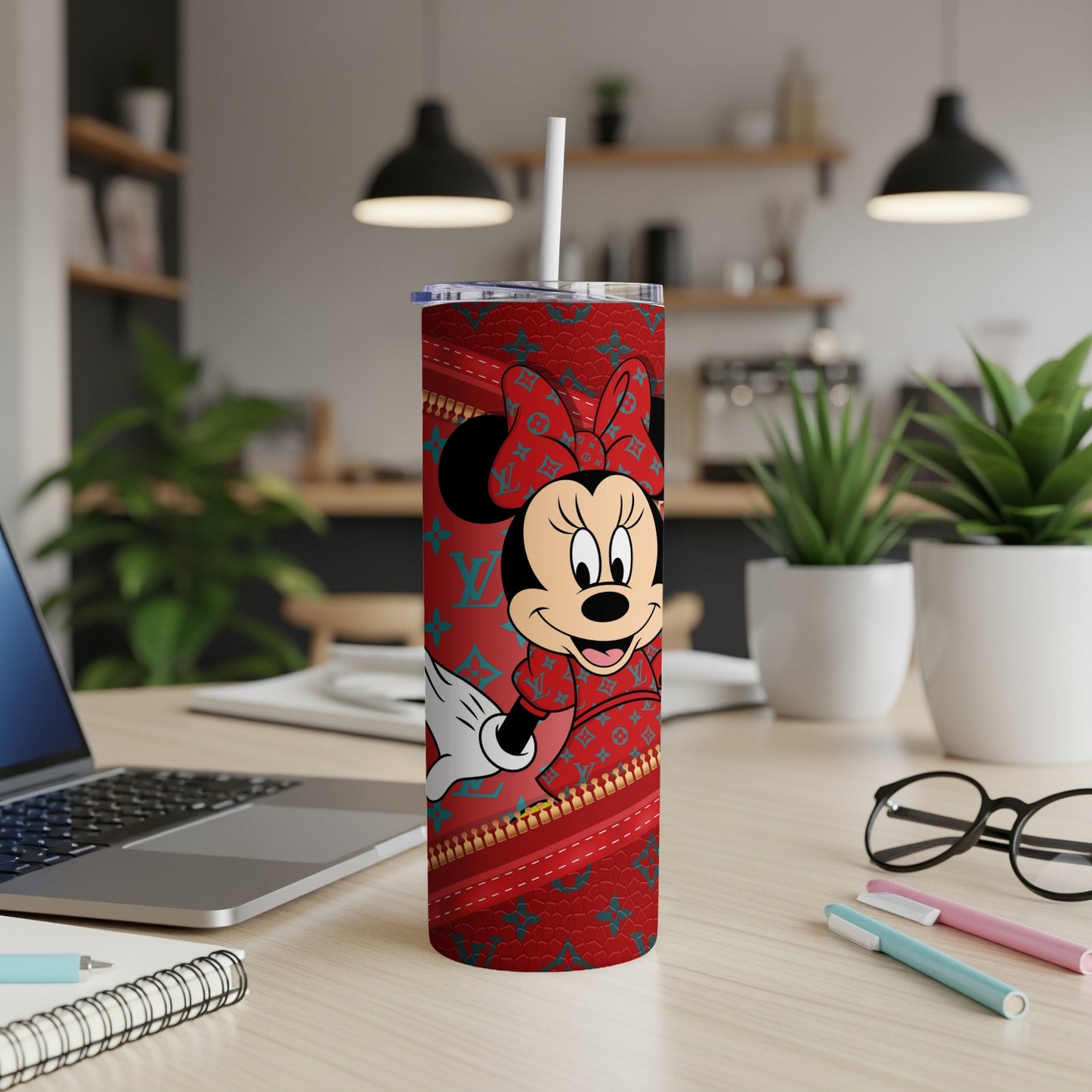 Minnie Mouse in Louis Vuitton pattern on a red tumbler with straw.