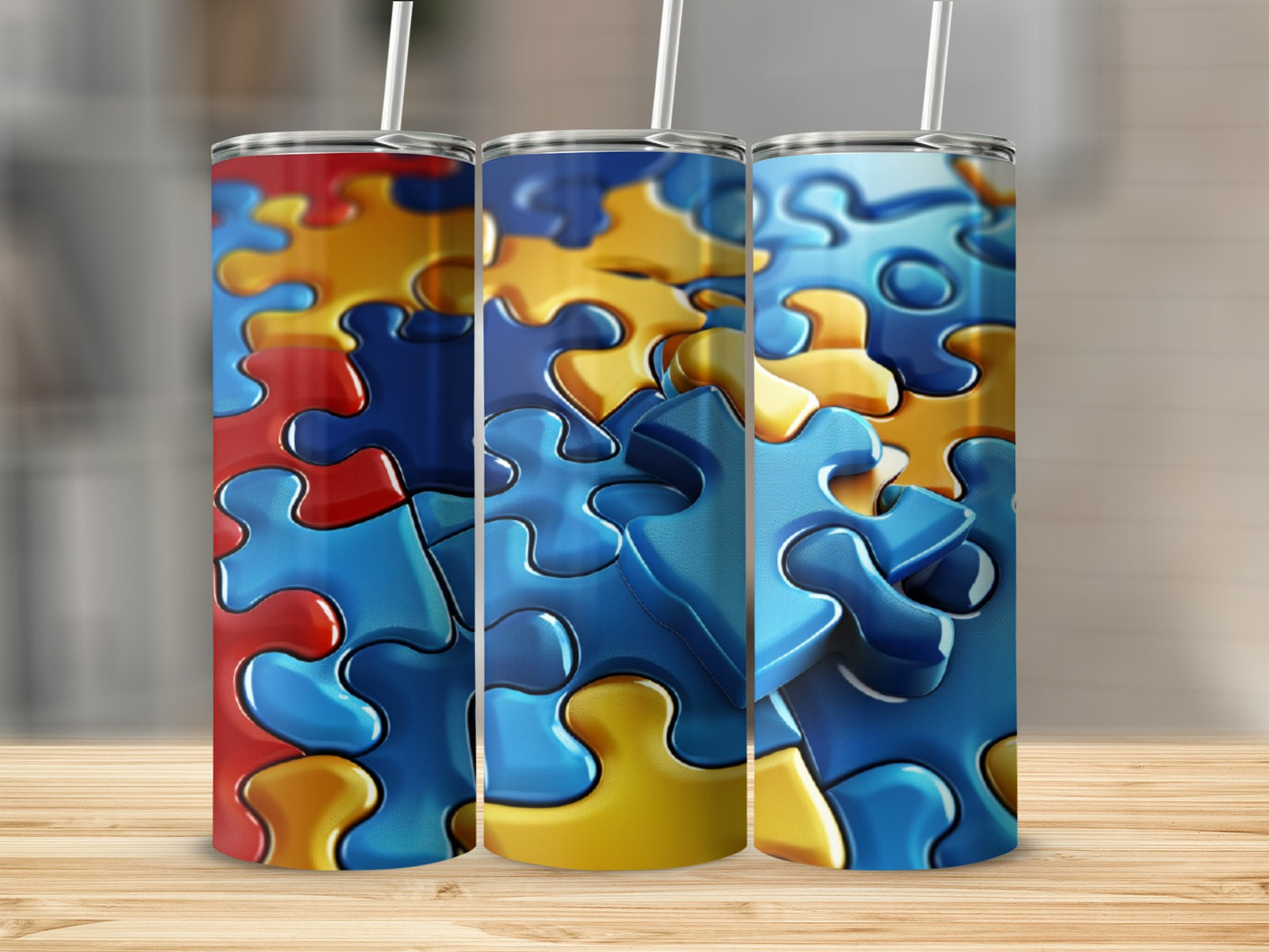 Three tumblers with a blue and yellow puzzle piece design.