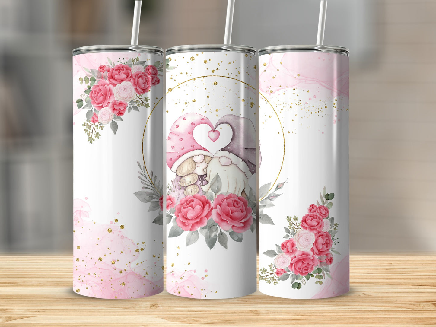Romantic Gnome and Roses Themed Tumbler Product