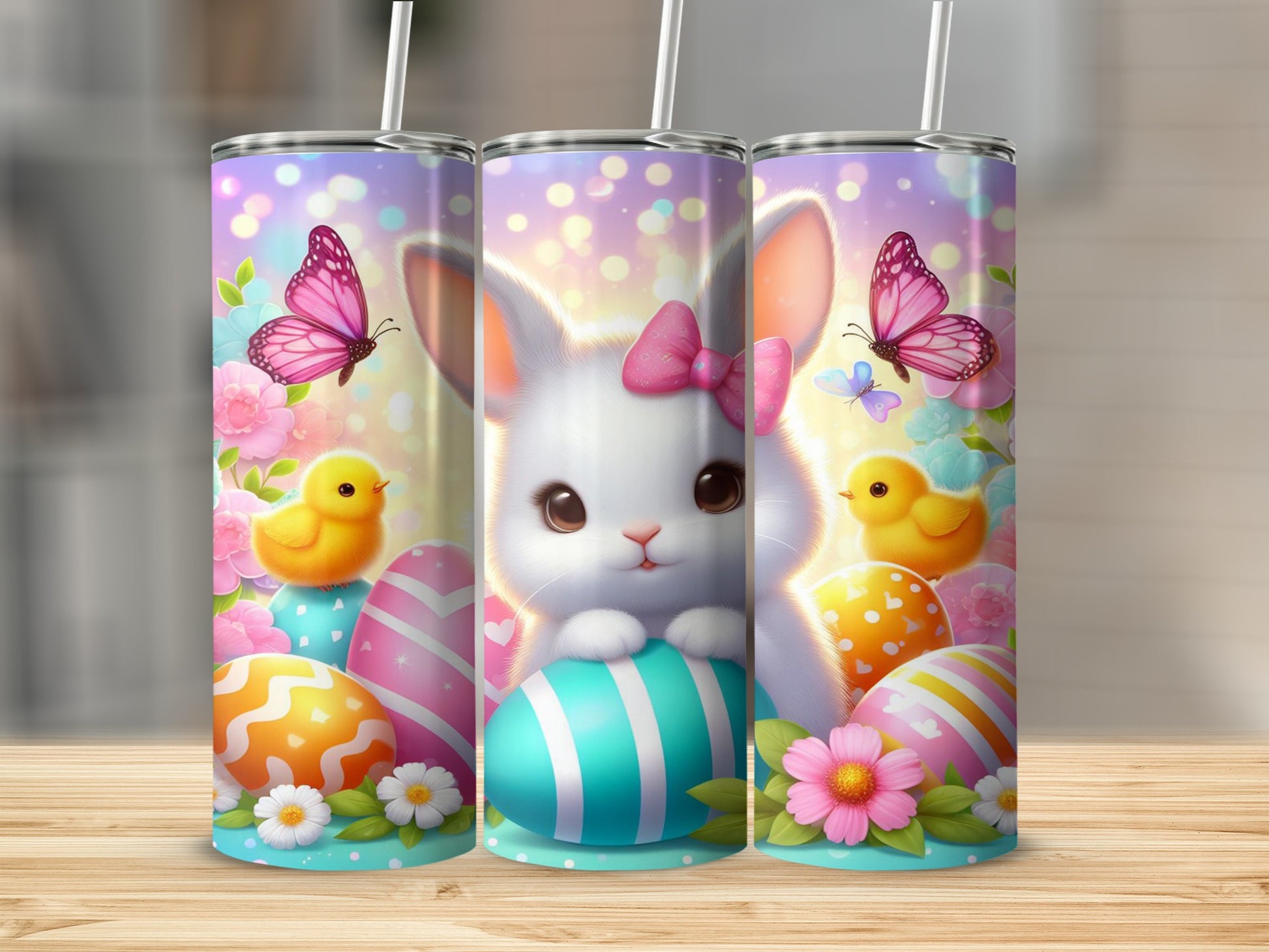 Easter bunny, chicks, and decorated eggs with butterflies on a tumbler.