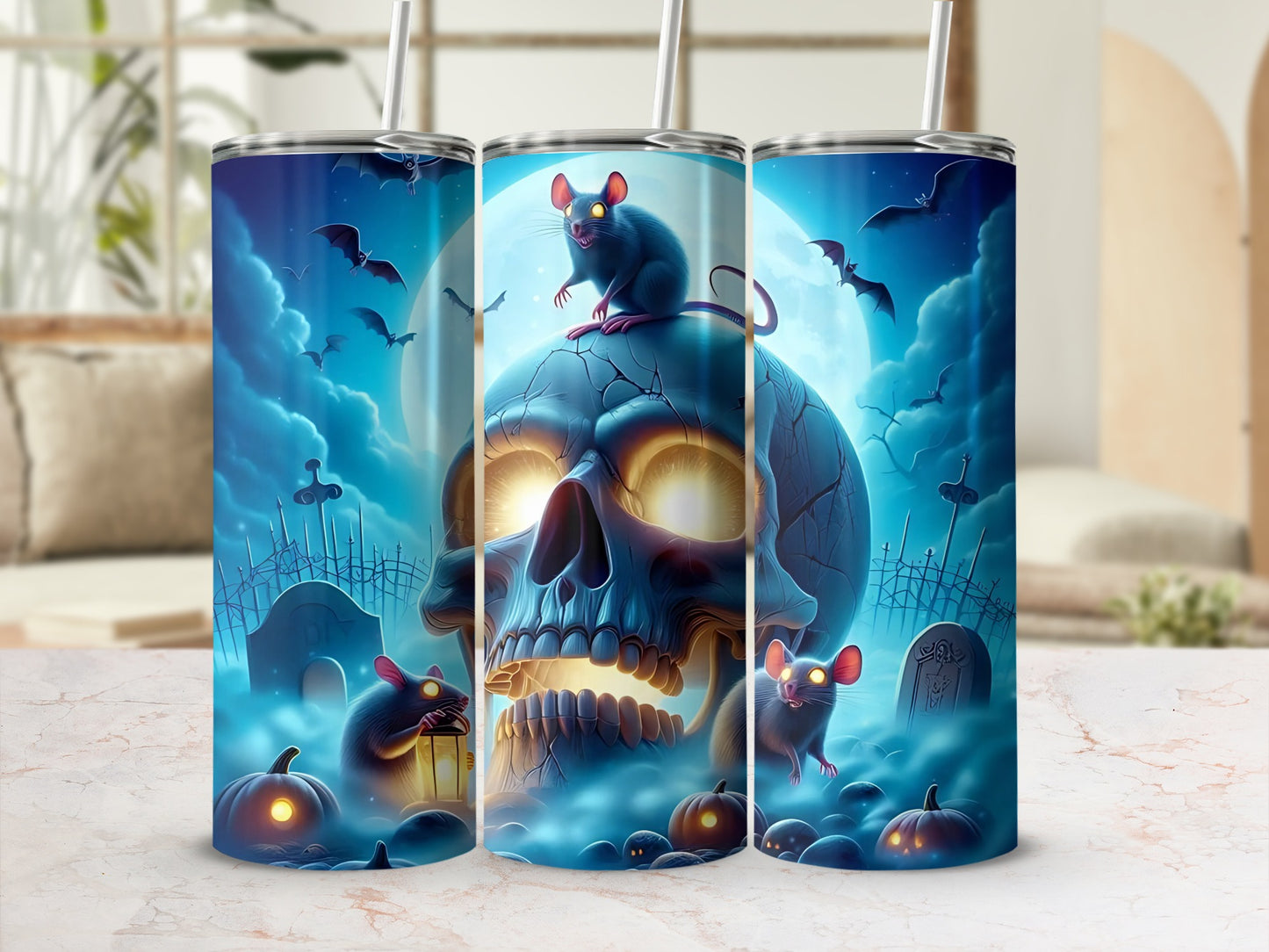 Halloween tumblers with a skull, mice, bats, and pumpkins on a graveyard background.