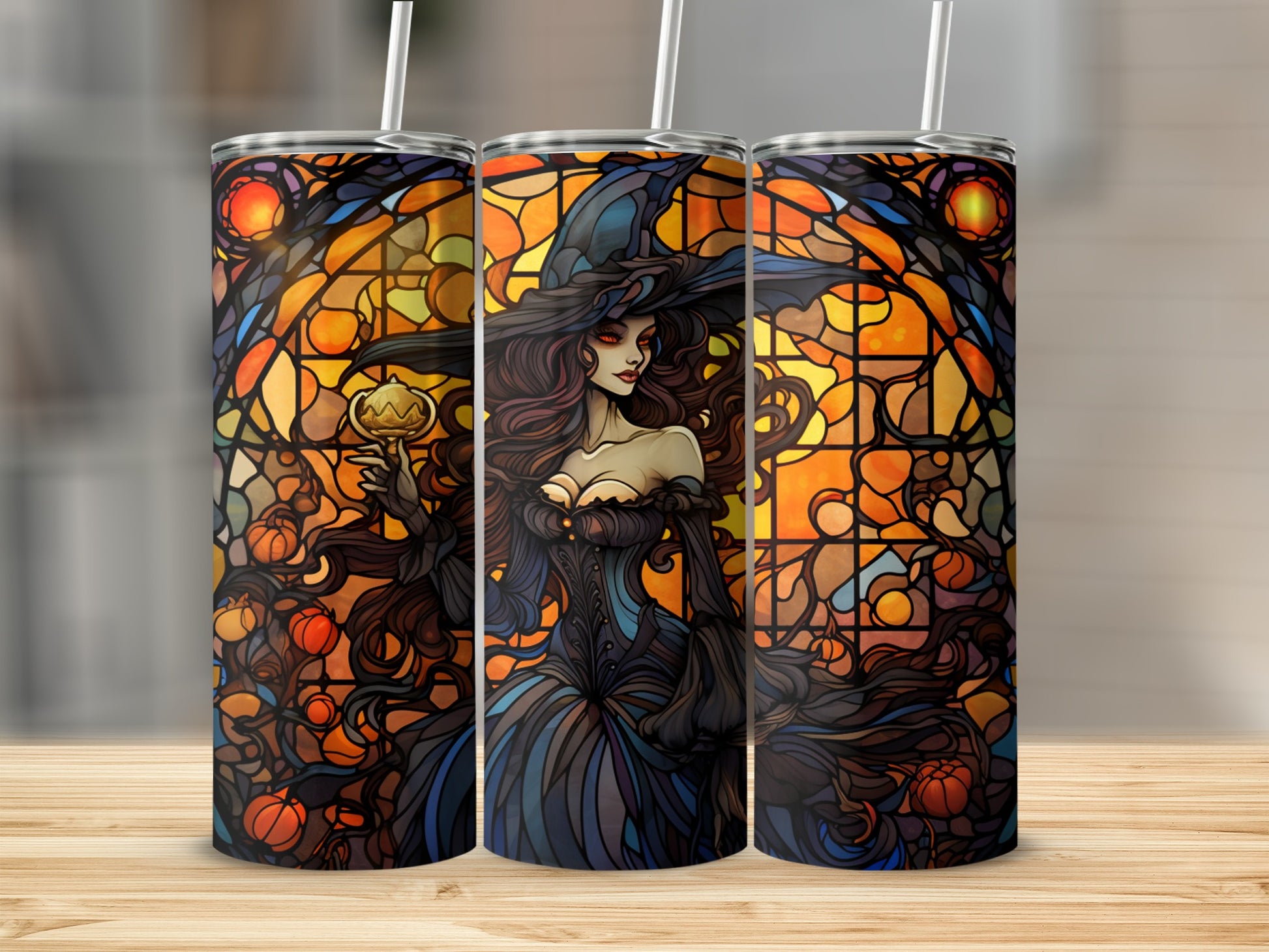 Stained glass witch holding a pumpkin, surrounded by pumpkins.