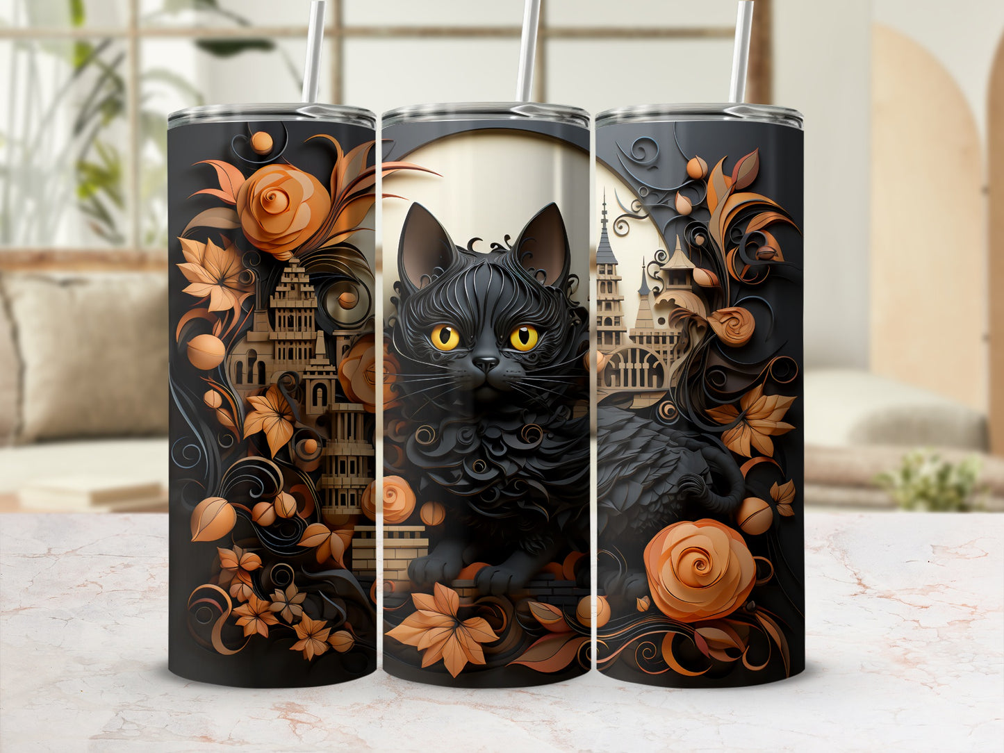 Black cat with yellow eyes on a dark tumbler with floral and architectural designs.