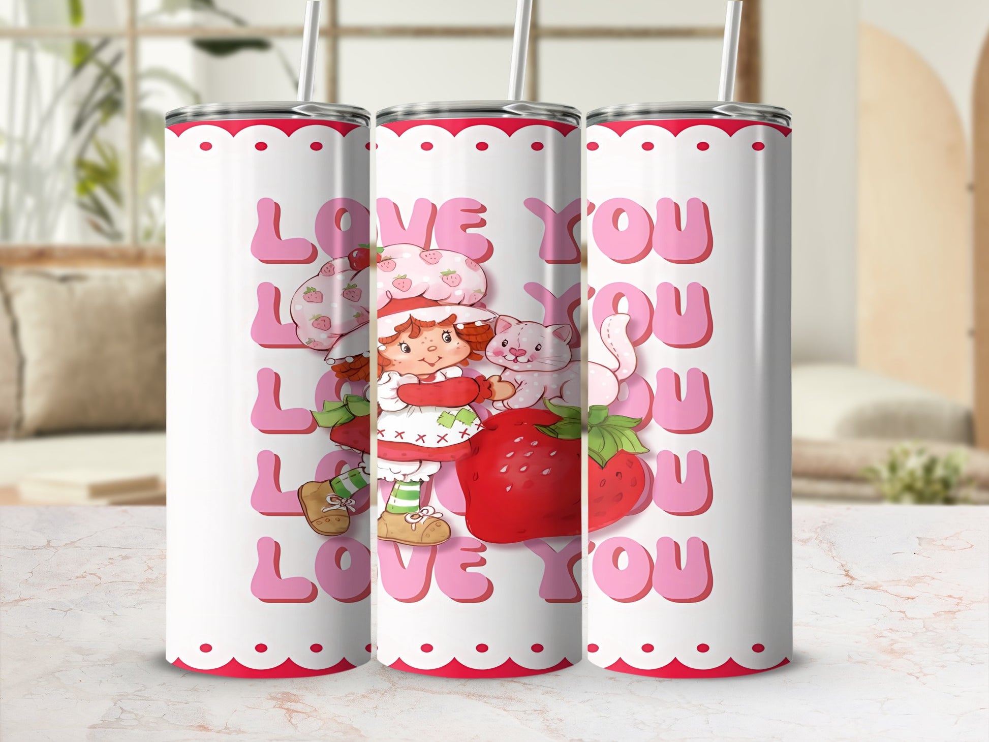 Strawberry Shortcake character with cat and strawberry, "LOVE YOU" text on a tumbler.