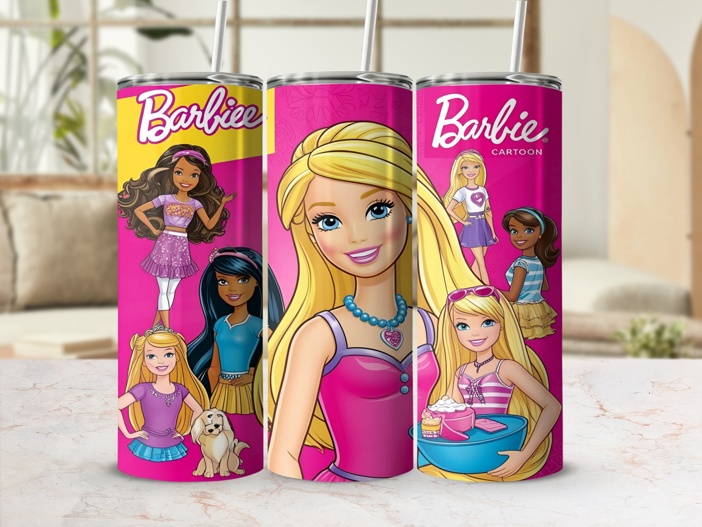 Barbie cartoon tumblers with multiple Barbie characters and a small dog.