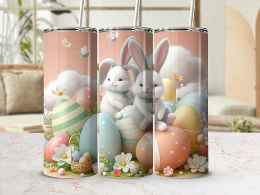 Three tumblers with bunnies, Easter eggs, and flowers in a pastel Easter theme.