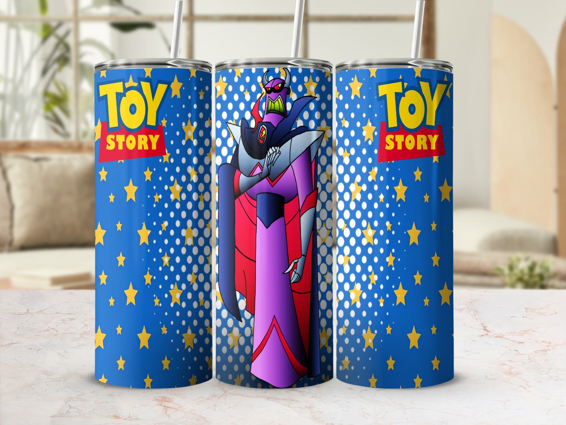 Toy Story Zurg tumbler with blue background and yellow stars.