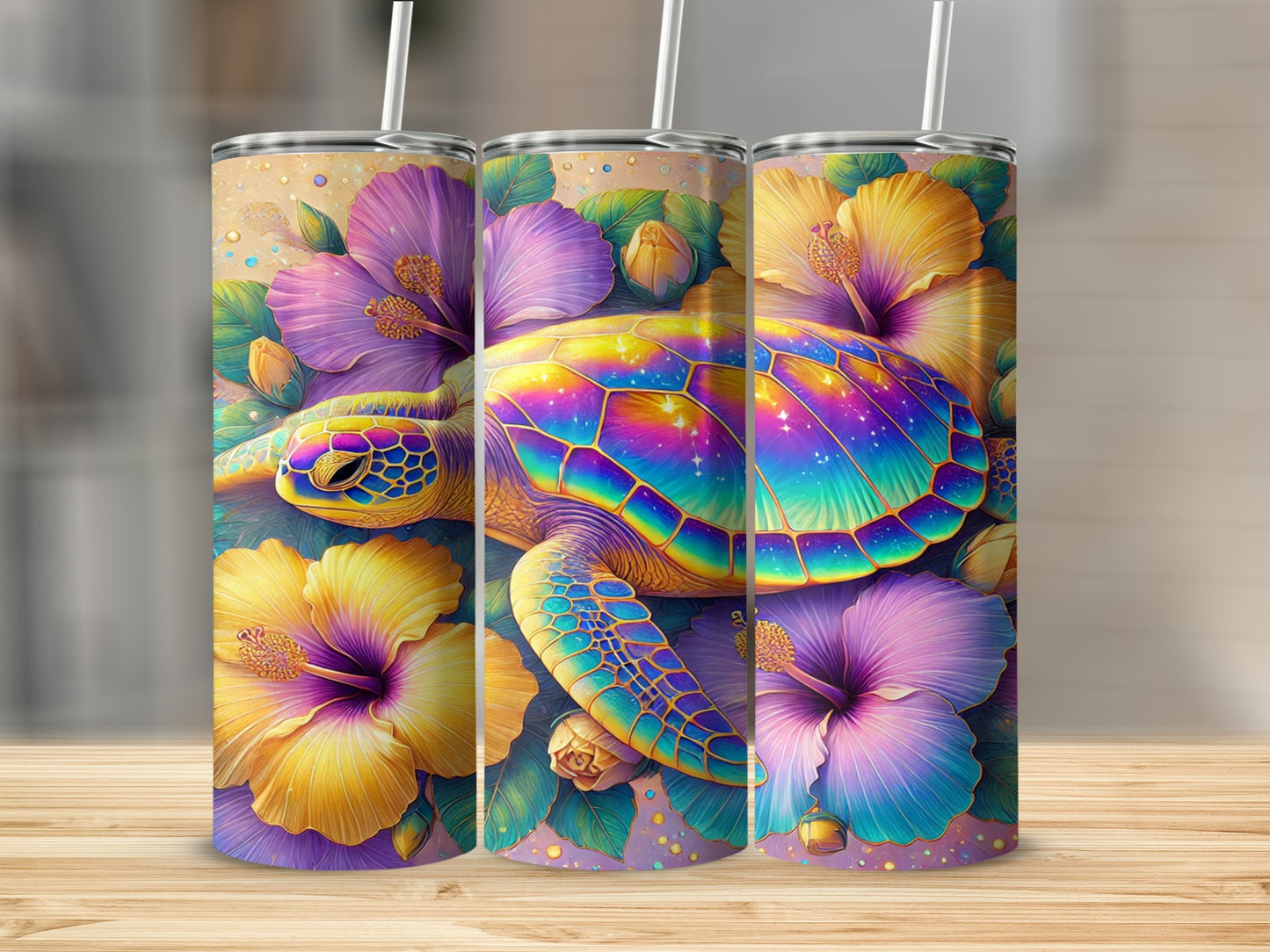 Colorful Turtle and Flowers Art Design Tumbler