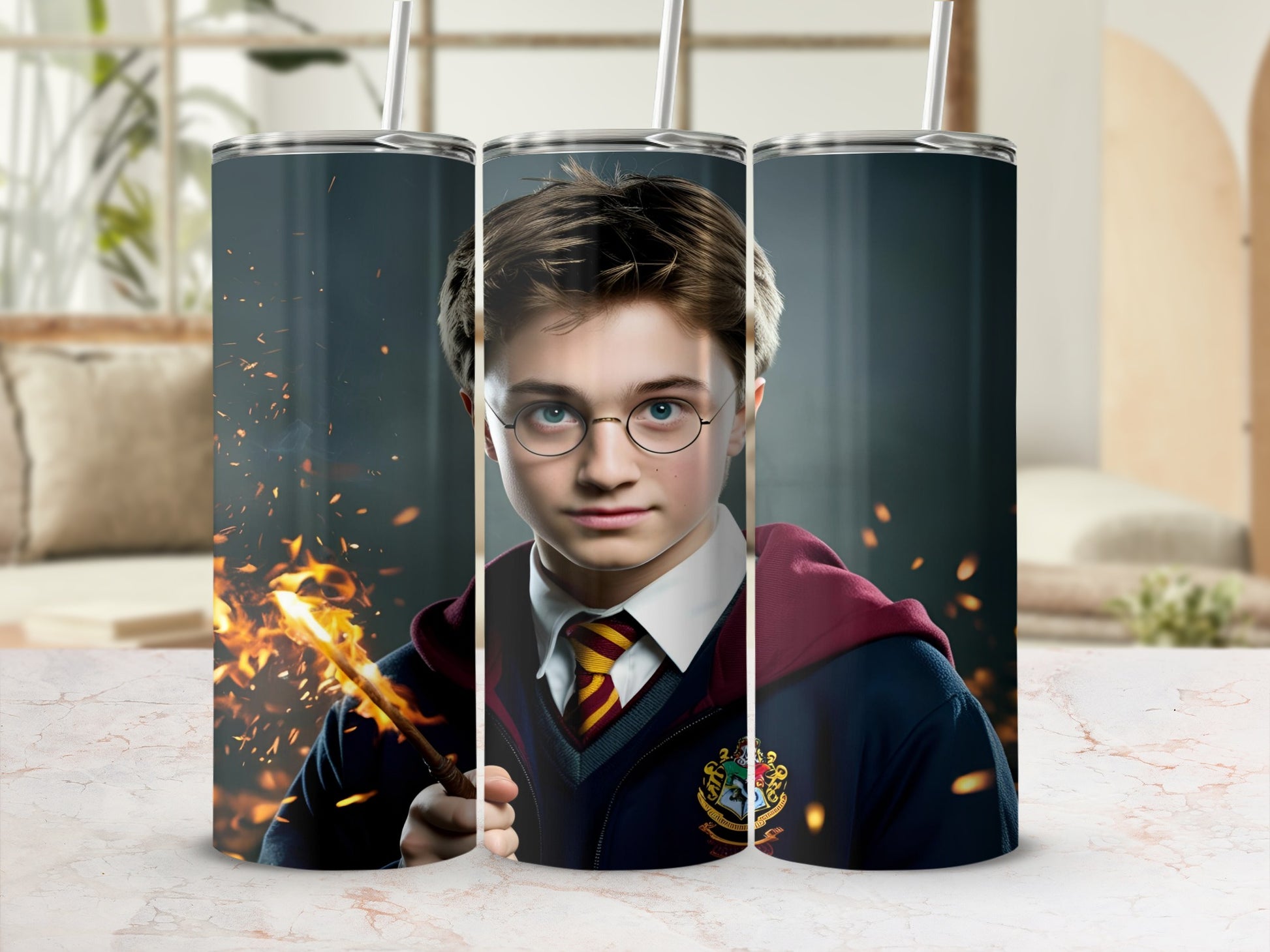 Harry Potter holding a wand with a Hogwarts crest on his uniform.