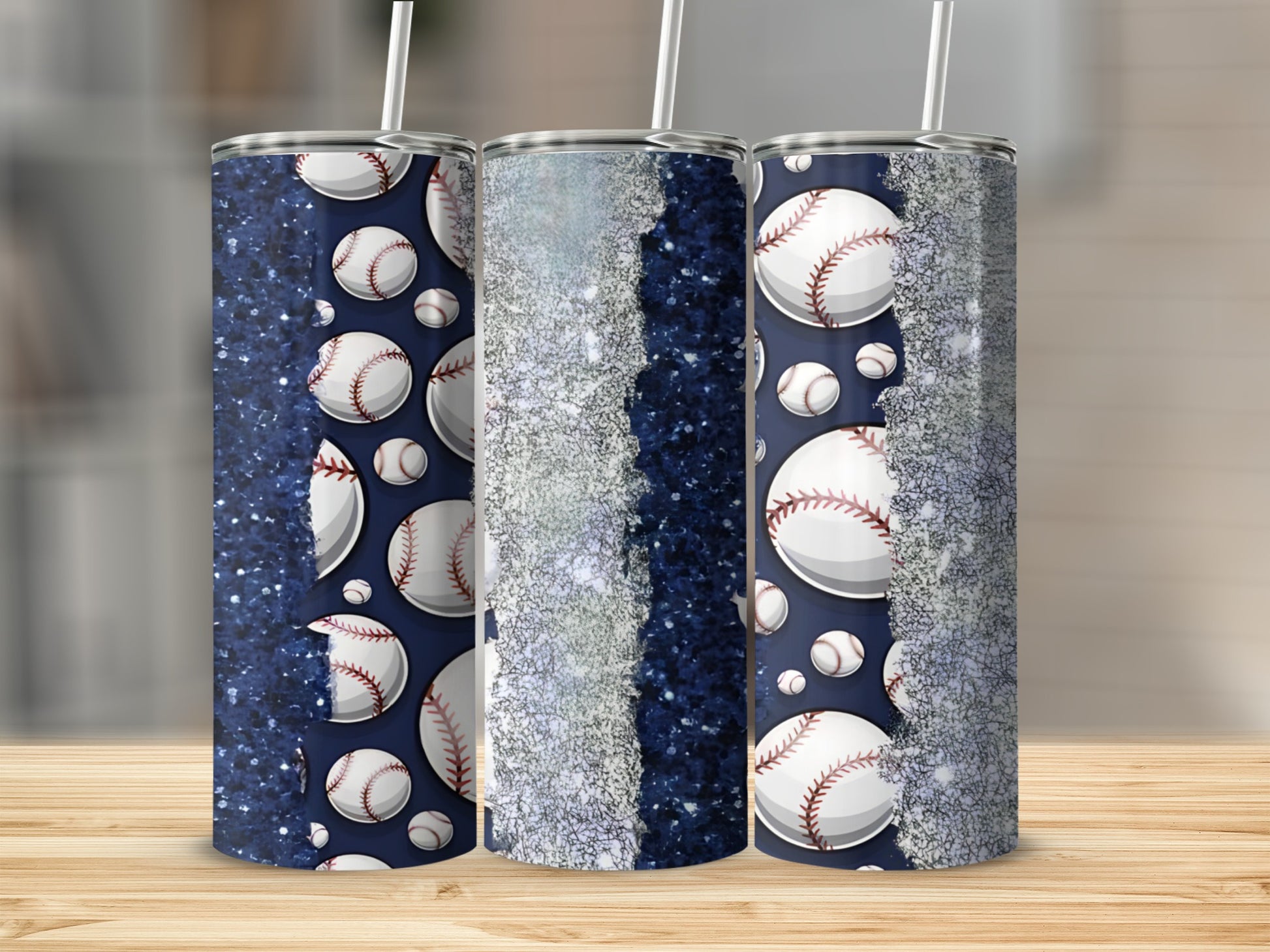 Three baseball-themed tumblers with glitter and dark blue accents.