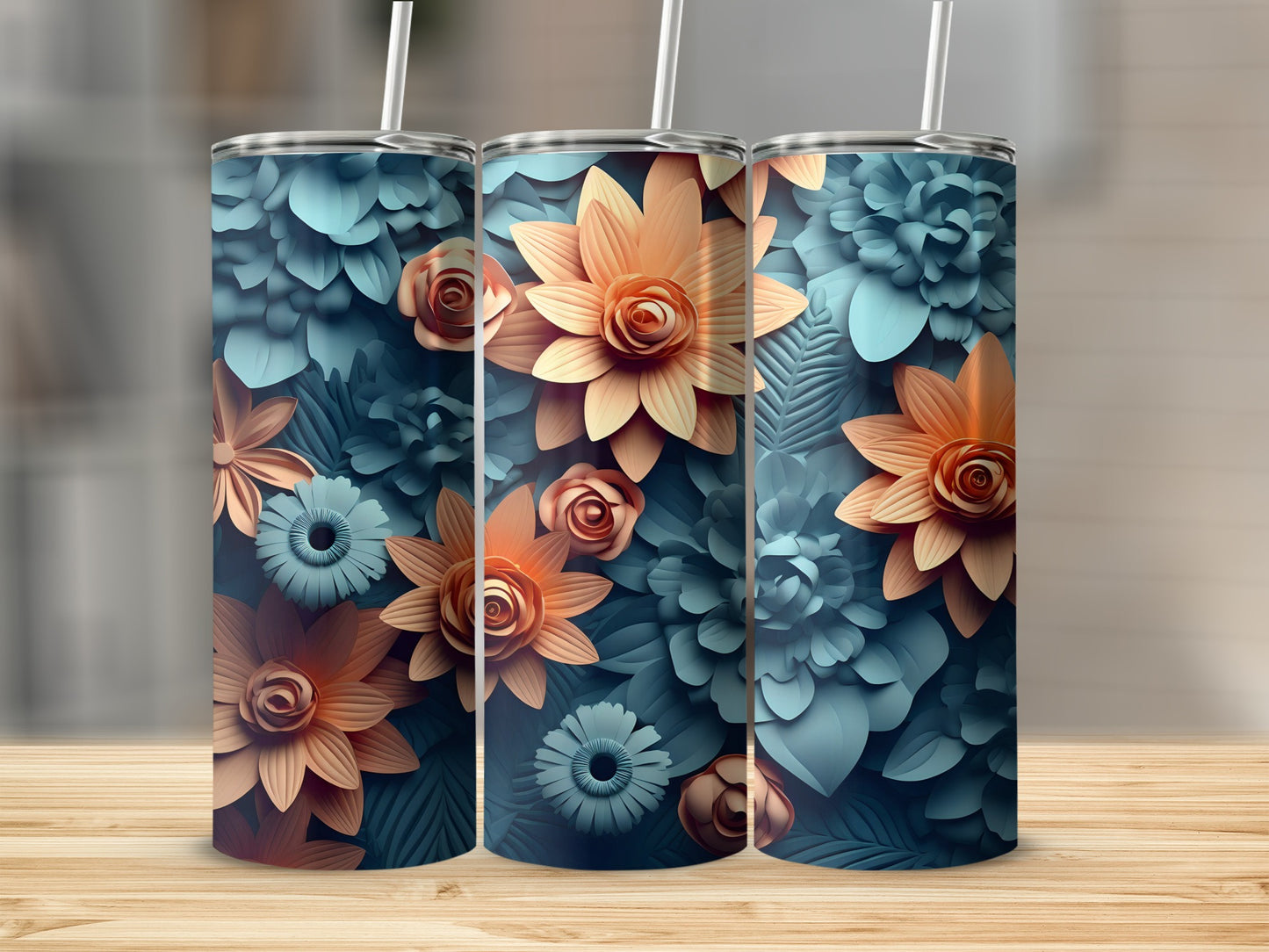 Floral Print Skinny Tumbler with Straw Insulated Cup