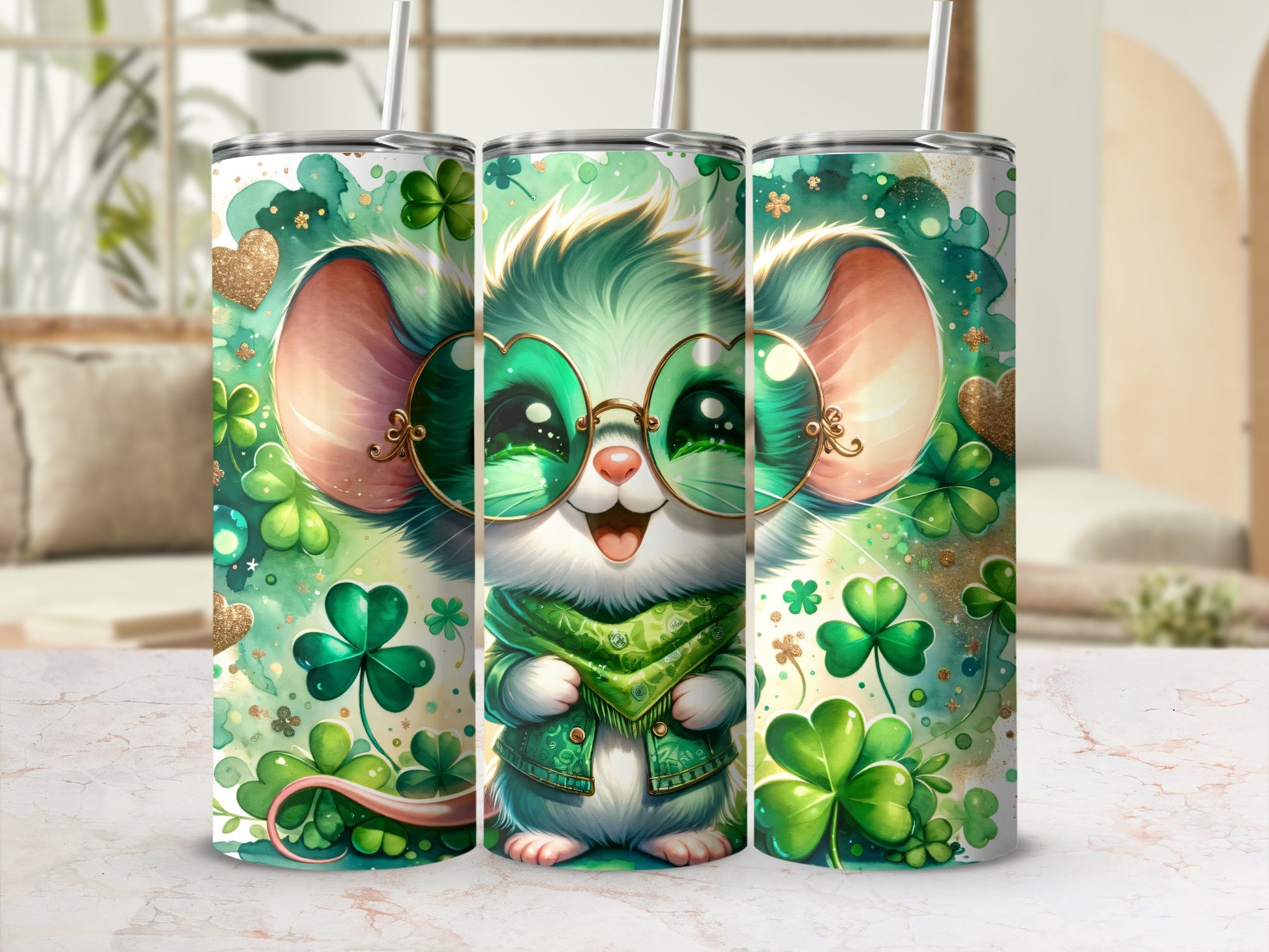 Cute cartoon mouse wearing glasses and a scarf, surrounded by shamrocks and glitter.