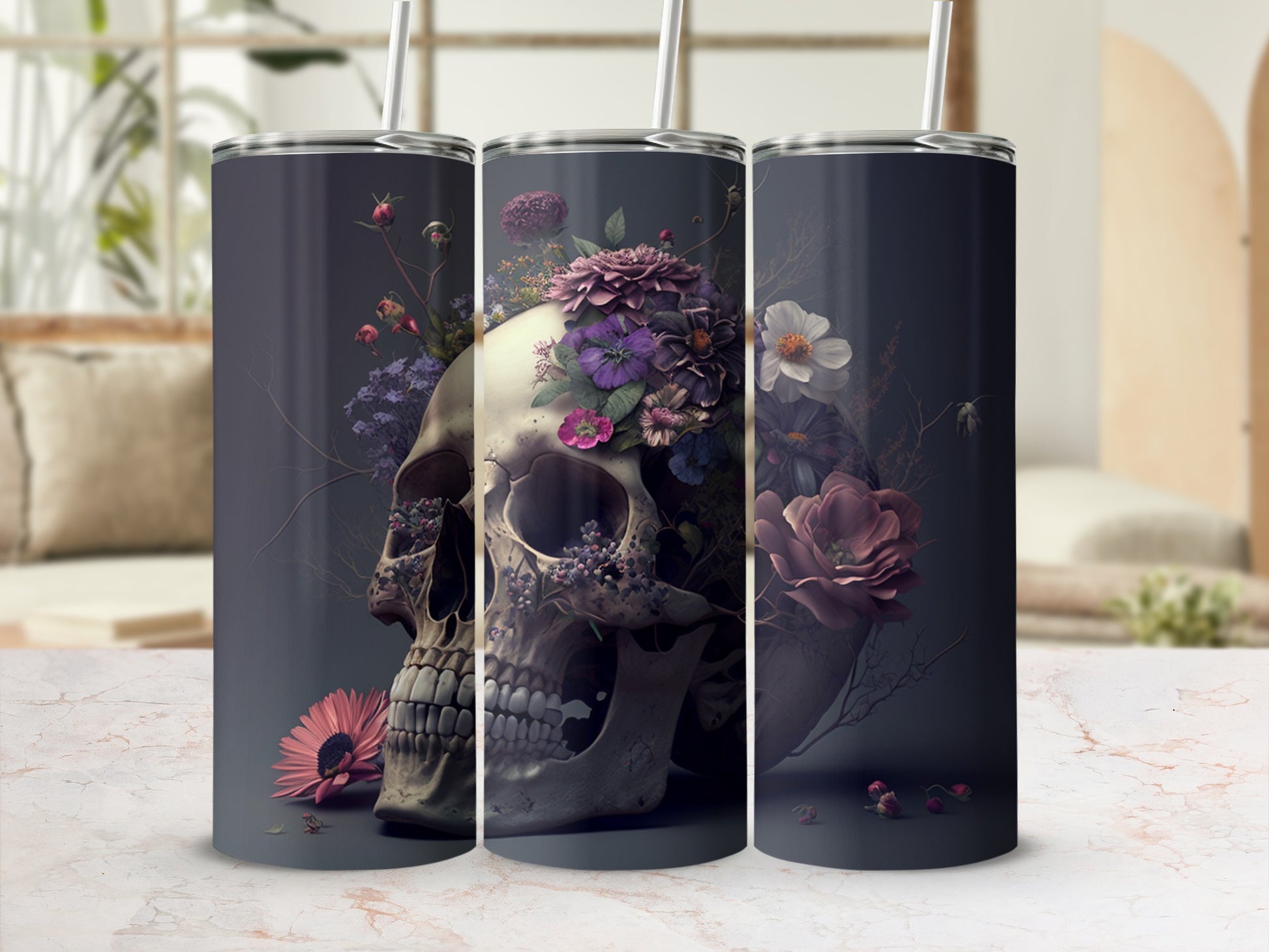 Floral Skull Design Vacuum Insulated Tumbler