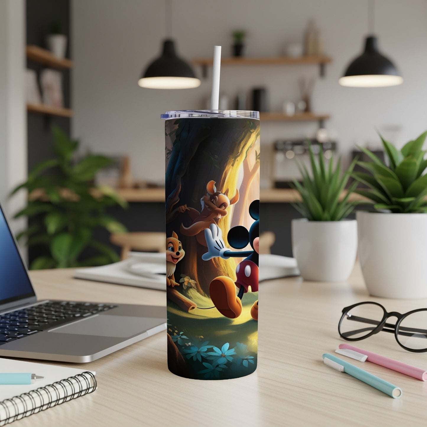 Mickey Mouse and Chipmunk walking in a forest scene on a tumbler.