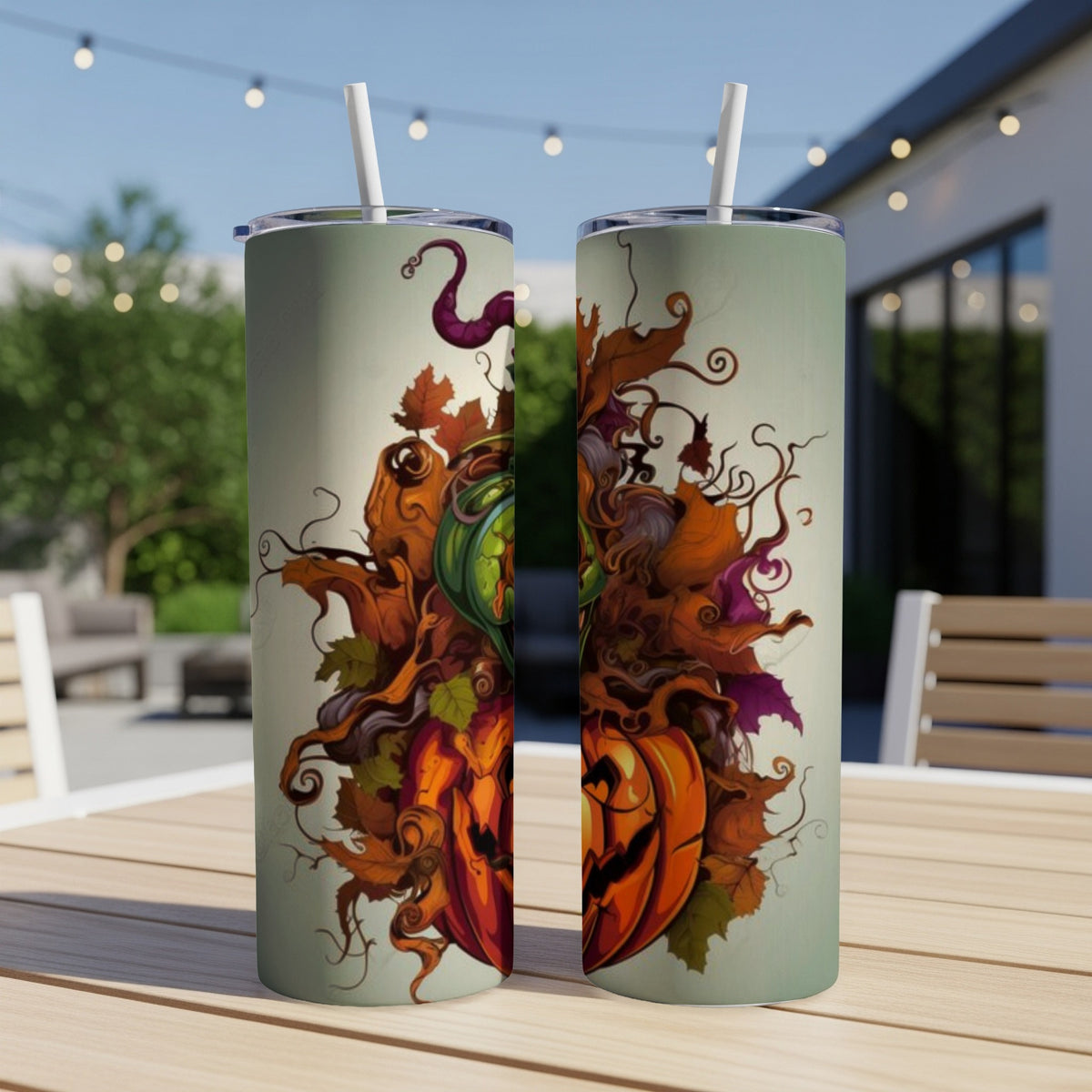 Two Halloween-themed tumblers with pumpkins and autumn leaves design.