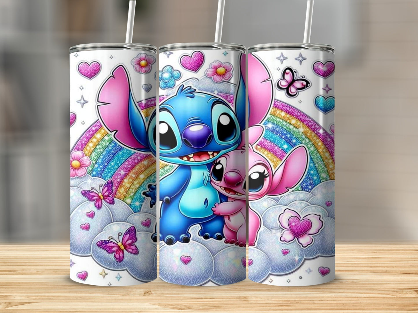 Cute Blue and Pink Character Rainbow Floral Tumbler