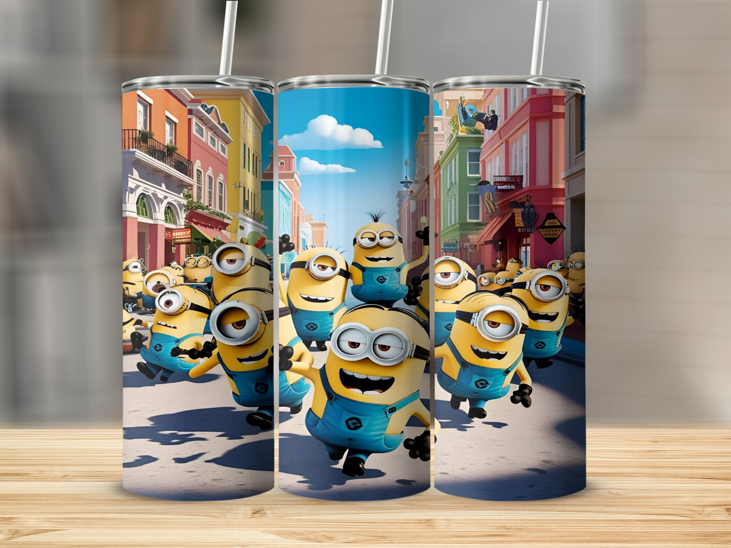 Minions running down a colorful city street, smiling.
