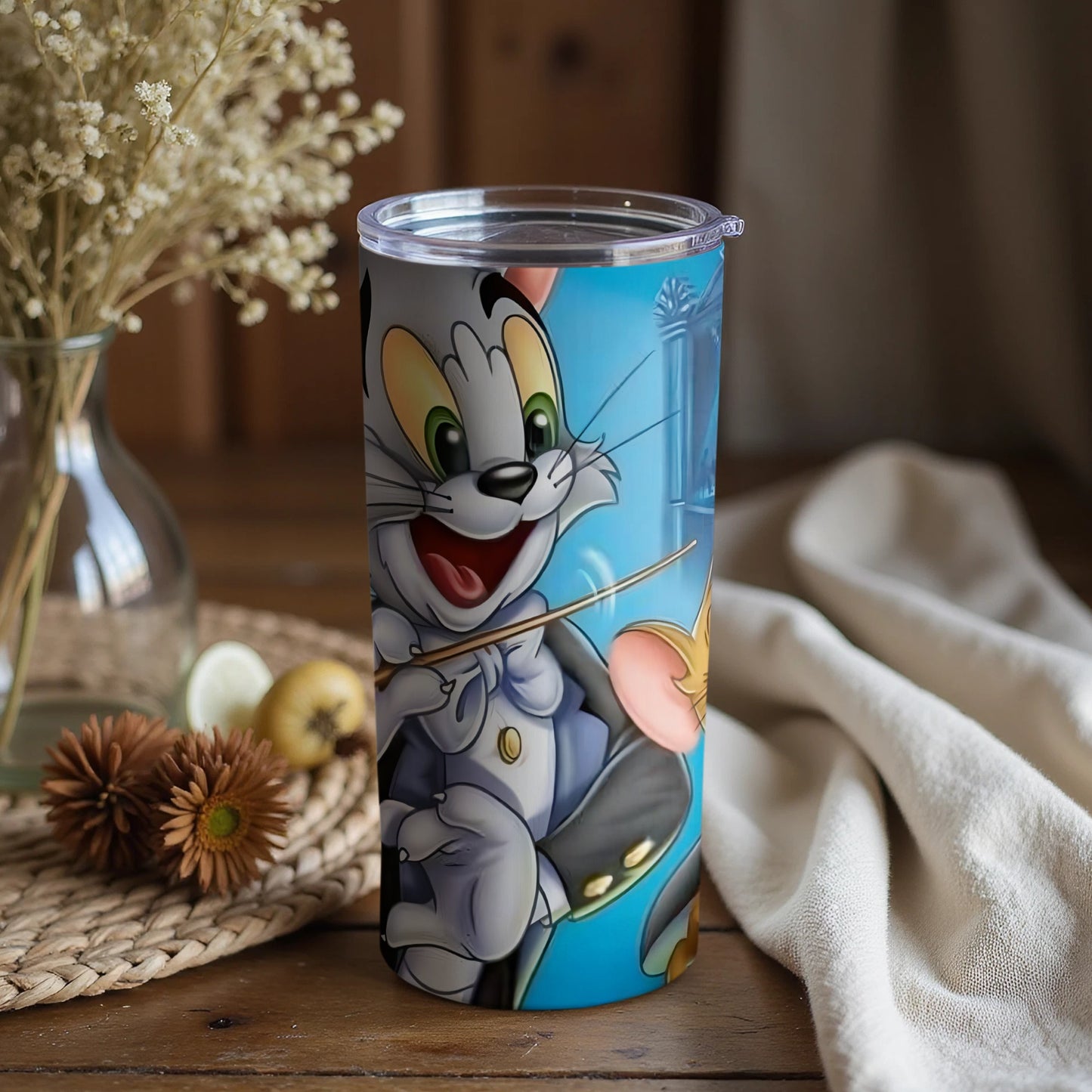 Cheerful Animated Cat Tumbler with Flowers Design