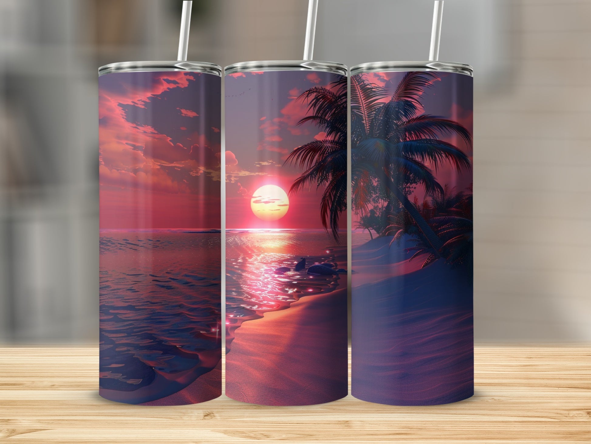 Three tumblers featuring a tropical sunset beach scene with palm trees.