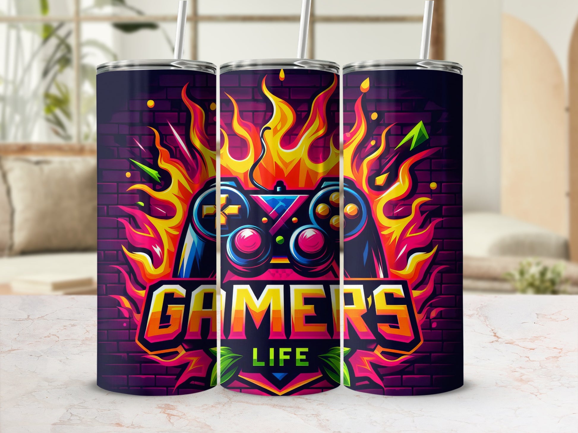 "Gamers Life" logo with flaming video game controller on a purple brick background.