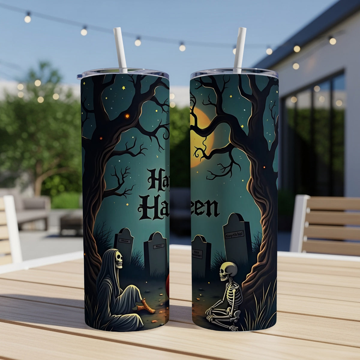 Halloween themed tumbler with spooky graveyard, skeletons, and text.