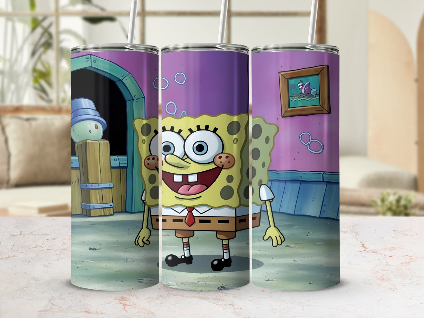 SpongeBob SquarePants character design on three purple stainless steel tumblers.