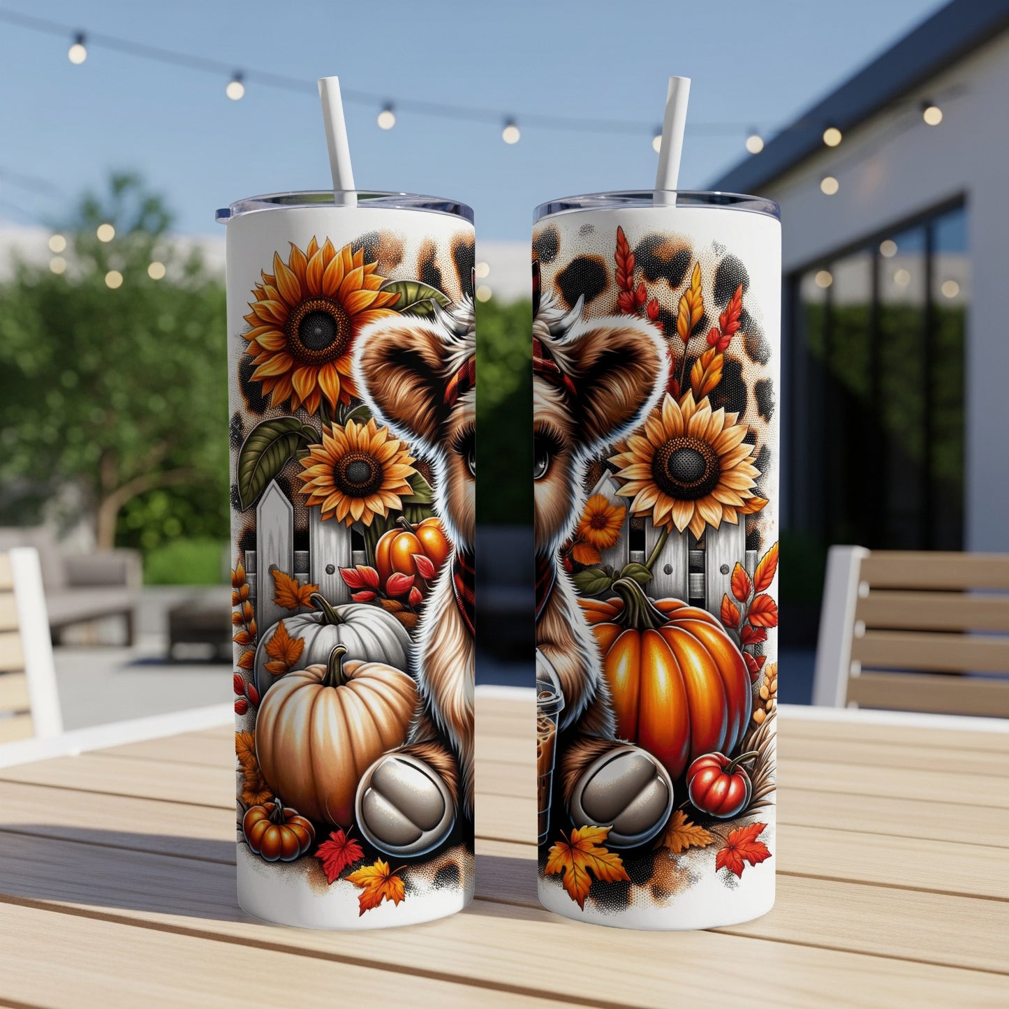 Two tumblers with a cartoon cow surrounded by sunflowers, pumpkins, and autumn leaves.
