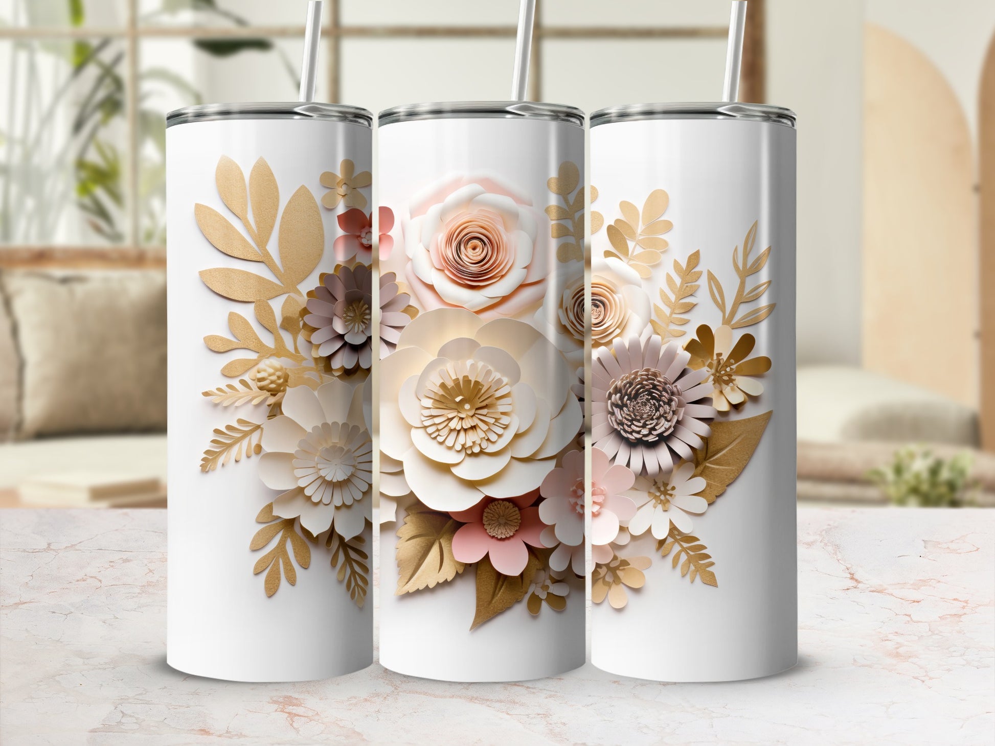 Elegant Floral Design Tumbler with Straw