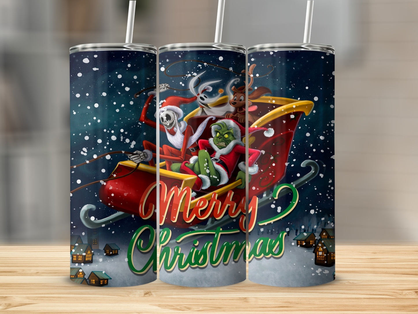 Santa, Jack Skellington, and Max in a sleigh with a Grinch and "Merry Christmas" text.