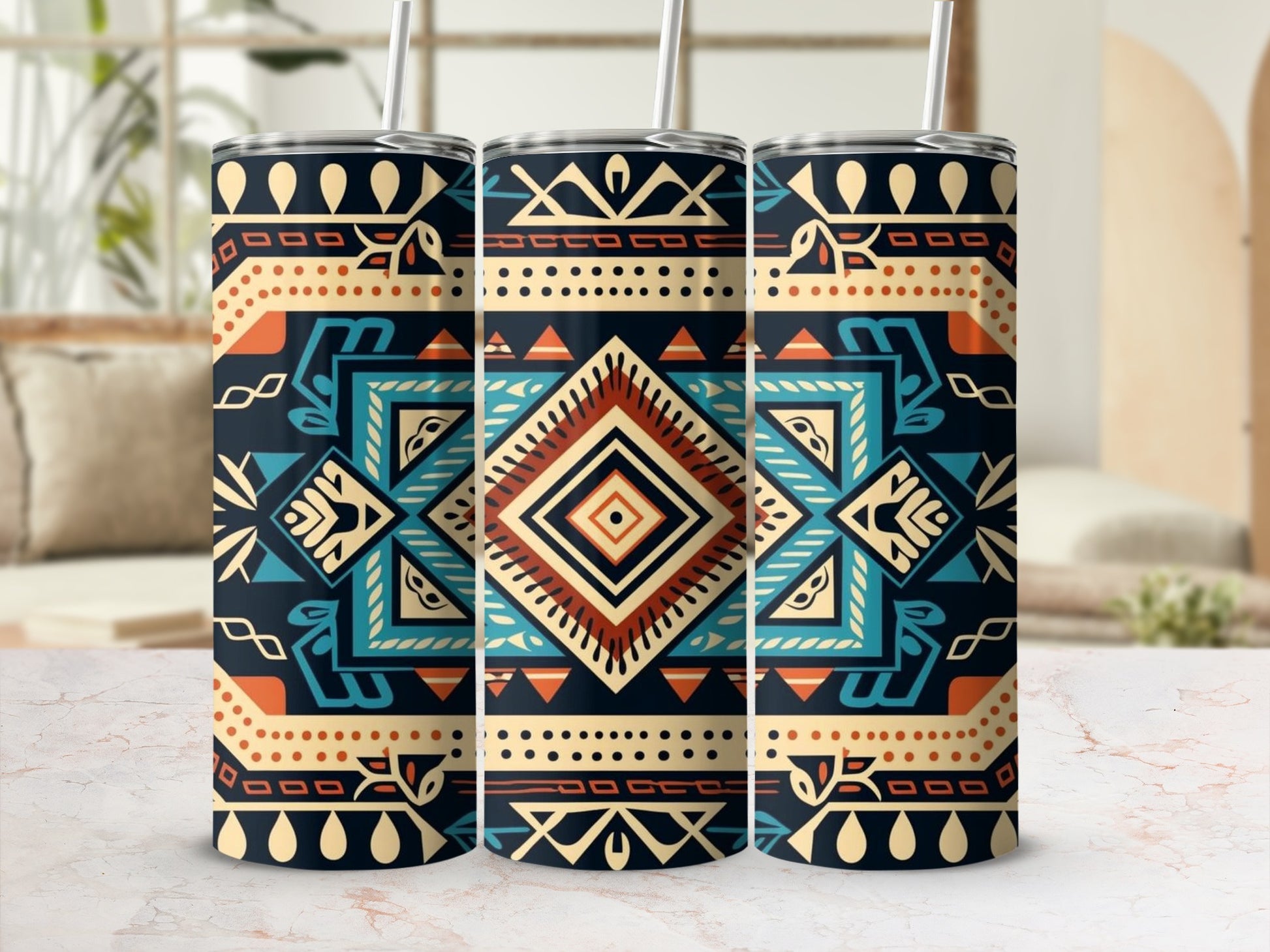 Vibrant Geometric Pattern Tumbler with Straw