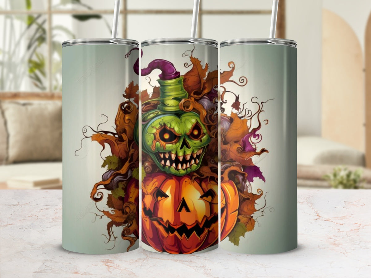 Three tumblers with a spooky Halloween pumpkin and monster design.