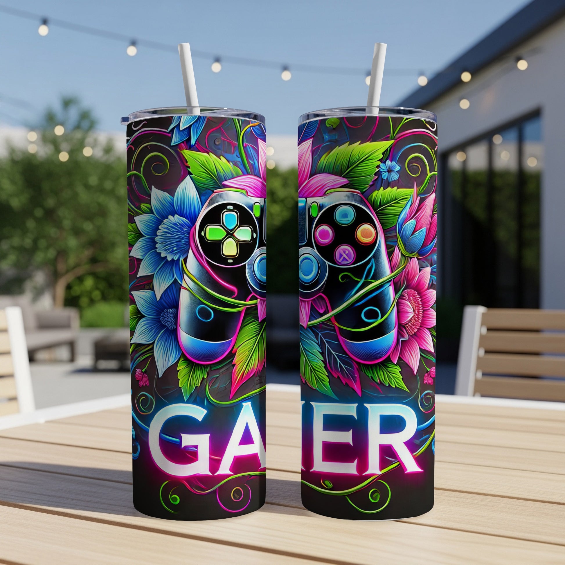 Two tumblers with neon floral gamer controller design and "GA ER" text.