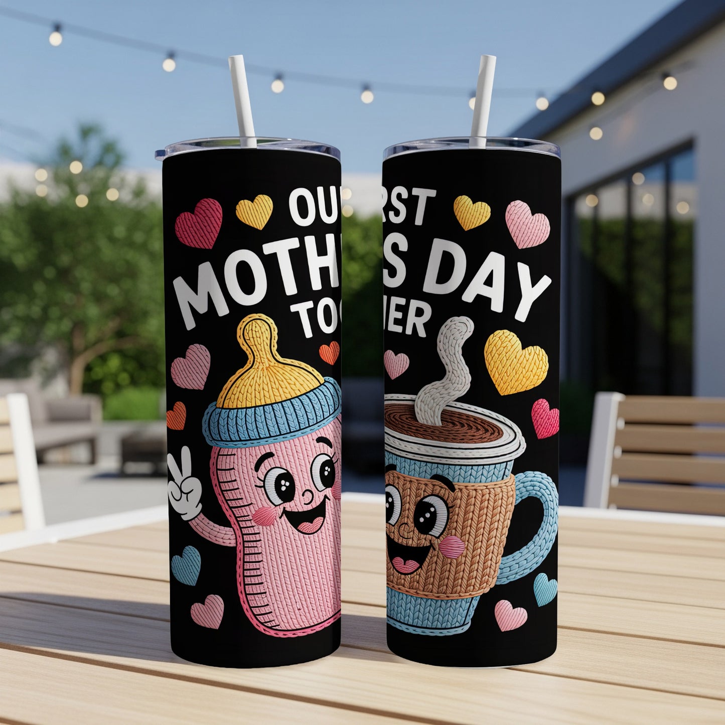 Two black tumblers with cartoon baby bottle and coffee cup graphics for Mother's Day.