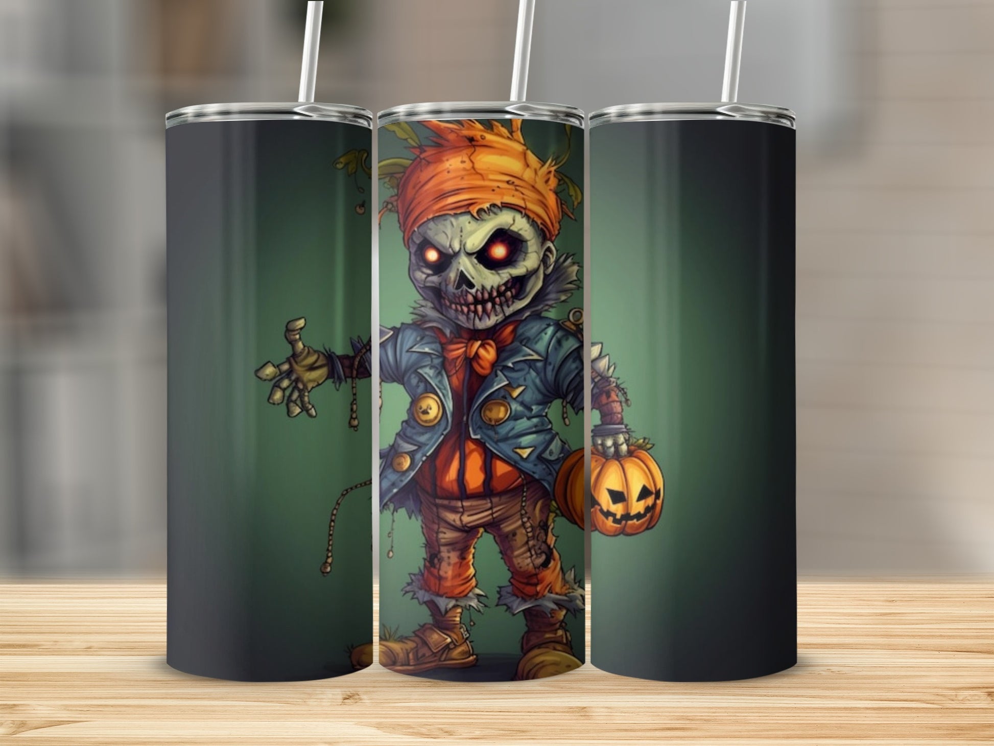 Creepy Pumpkin Scarecrow Design on Black Tumbler