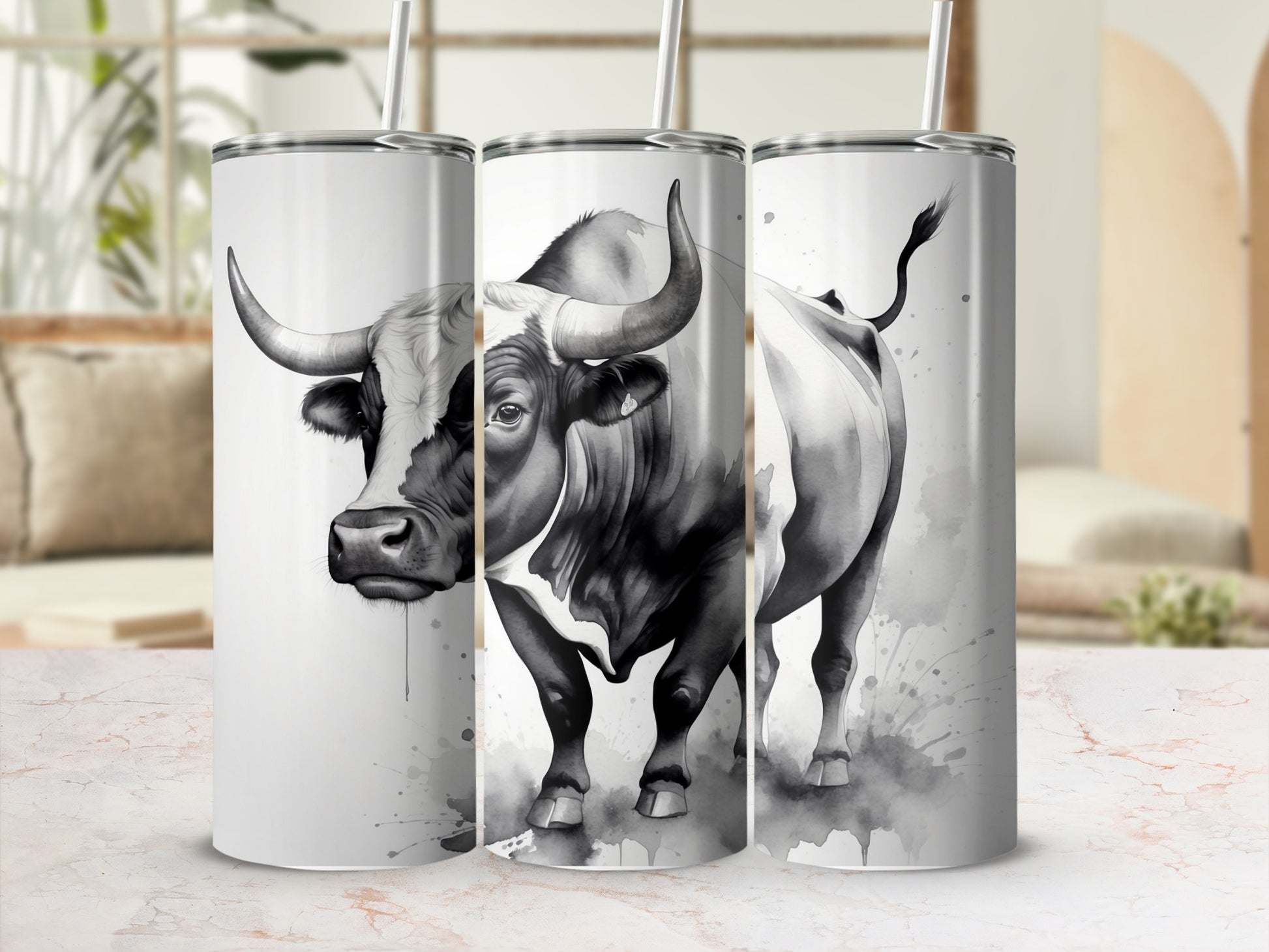 Tuscan bull illustration on three white tumblers.